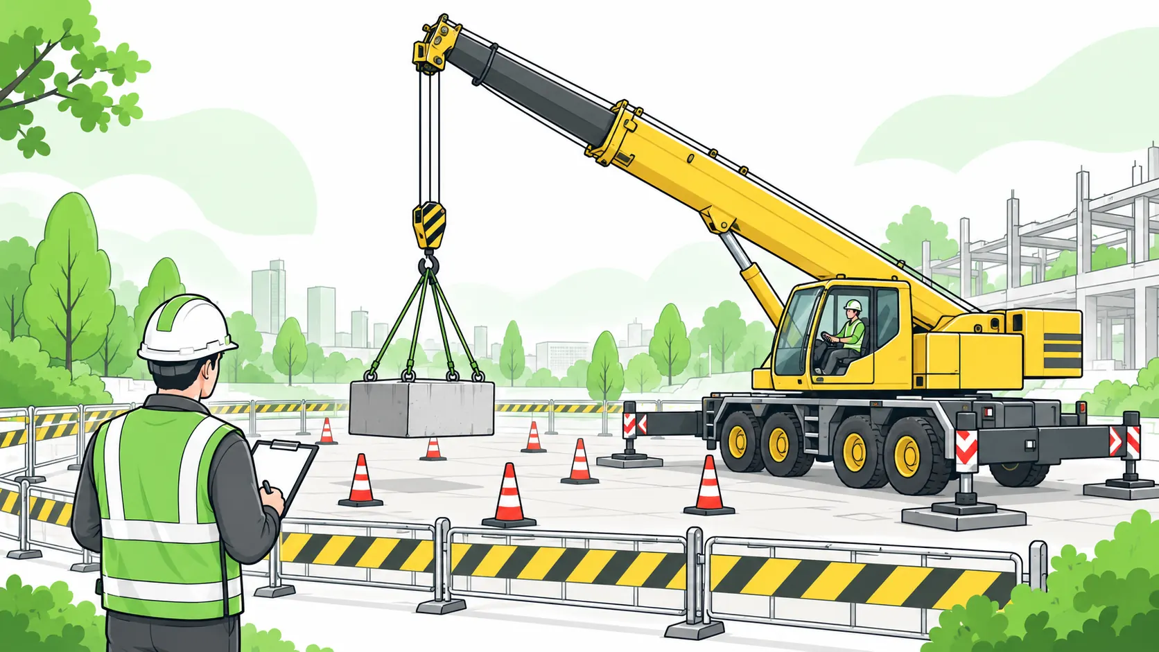 An examiner observes a crane operator completing a practical assessment with a low training load inside a barricaded lifting area.