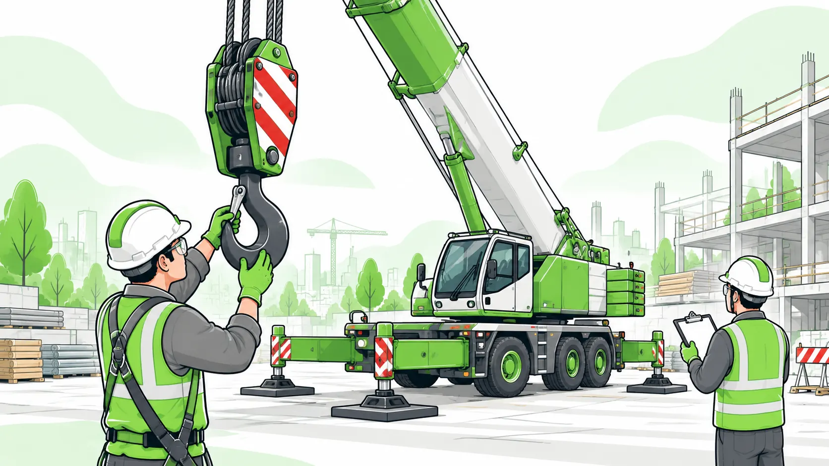 Crane inspector checks a mobile crane hook latch and wire rope before use while a colleague records the inspection beside outriggers supported on pads.