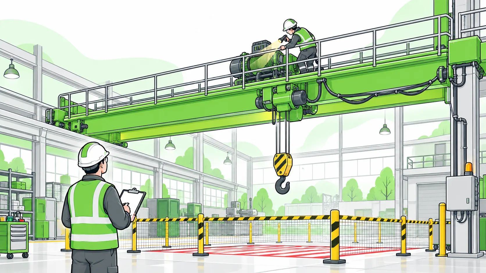 Inspectors examine an isolated overhead crane from a guarded maintenance catwalk and a separated workshop floor area.