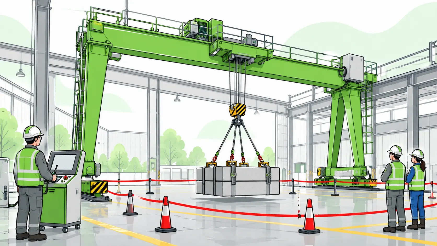 Gantry crane lifts test weights just above the floor during a controlled load test while operators and observers stay outside a cordoned exclusion area.