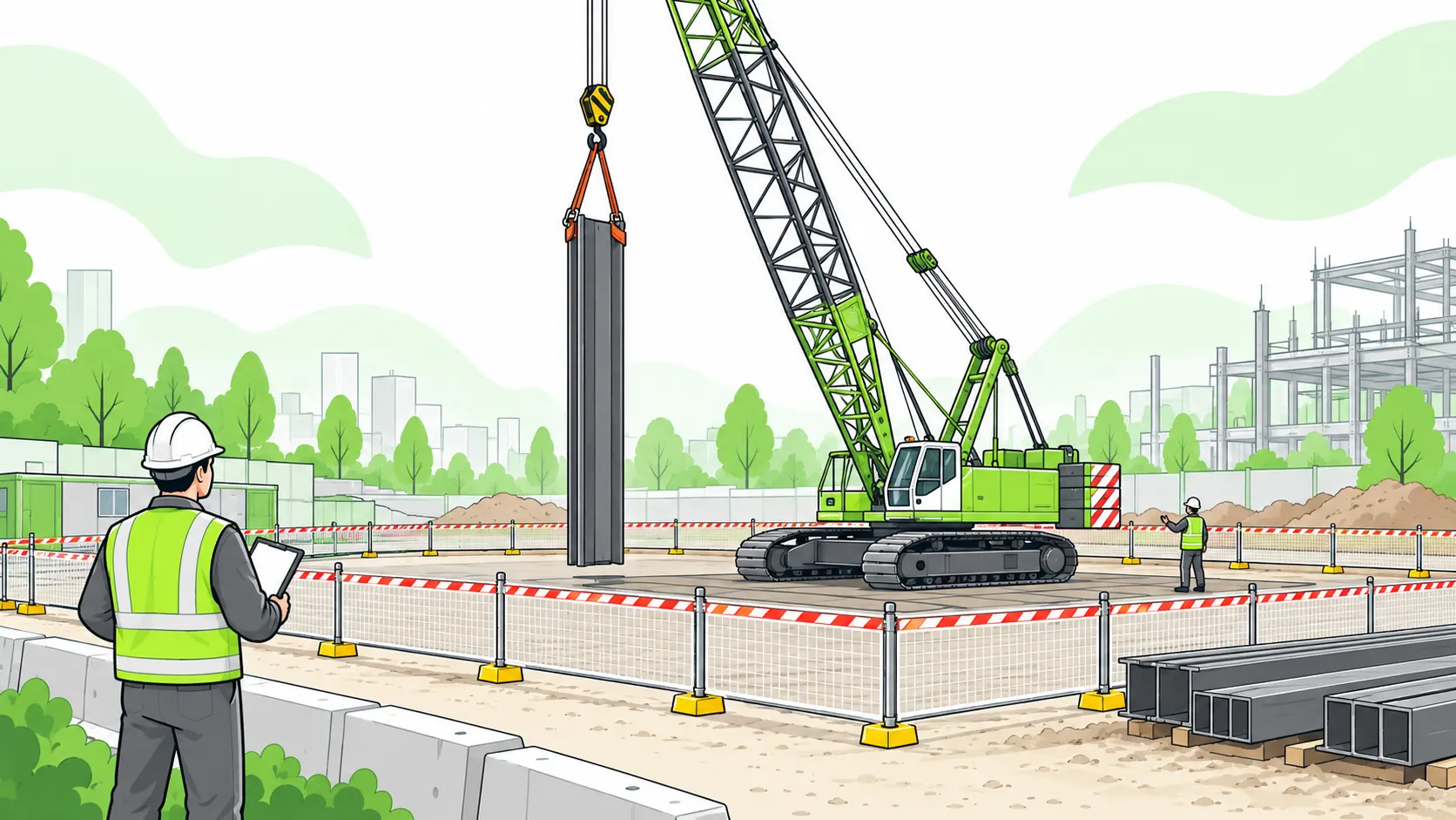 A crawler crane handles a steel pile on a prepared working platform inside a fenced exclusion zone while a lifting supervisor observes from outside.