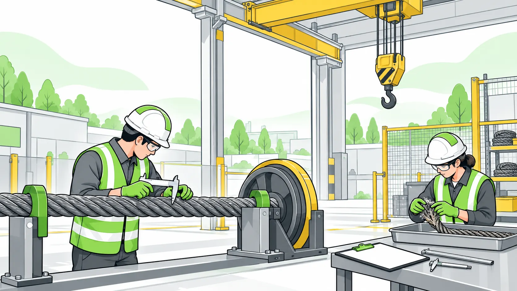 Inspectors measure a secured crane wire rope with a caliper beside a quarantined damaged rope sample and an isolated hoist.