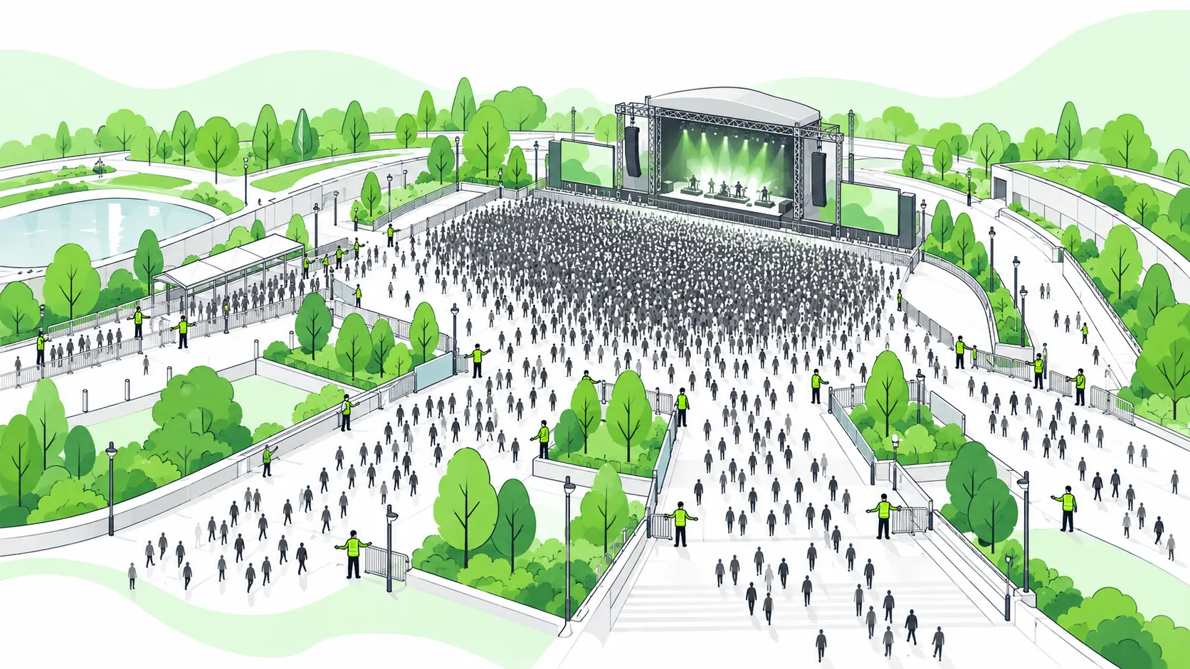 Overhead concert venue view shows stewards controlling entry and keeping broad routes open around a dense audience to relieve crowd pressure.