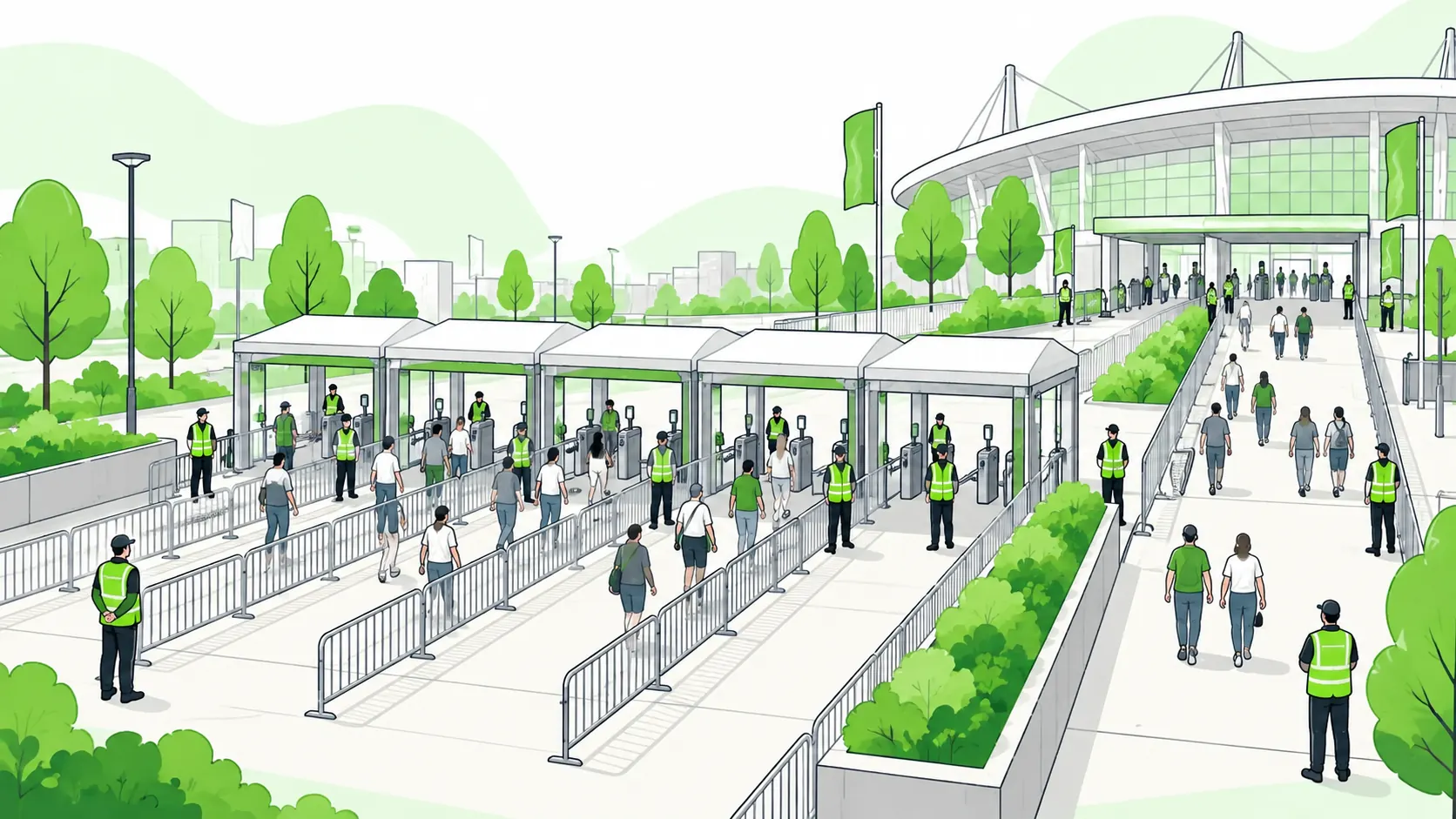Stewards manage spaced entry queues and a separate wide exit at an outdoor venue while keeping an emergency access lane clear.