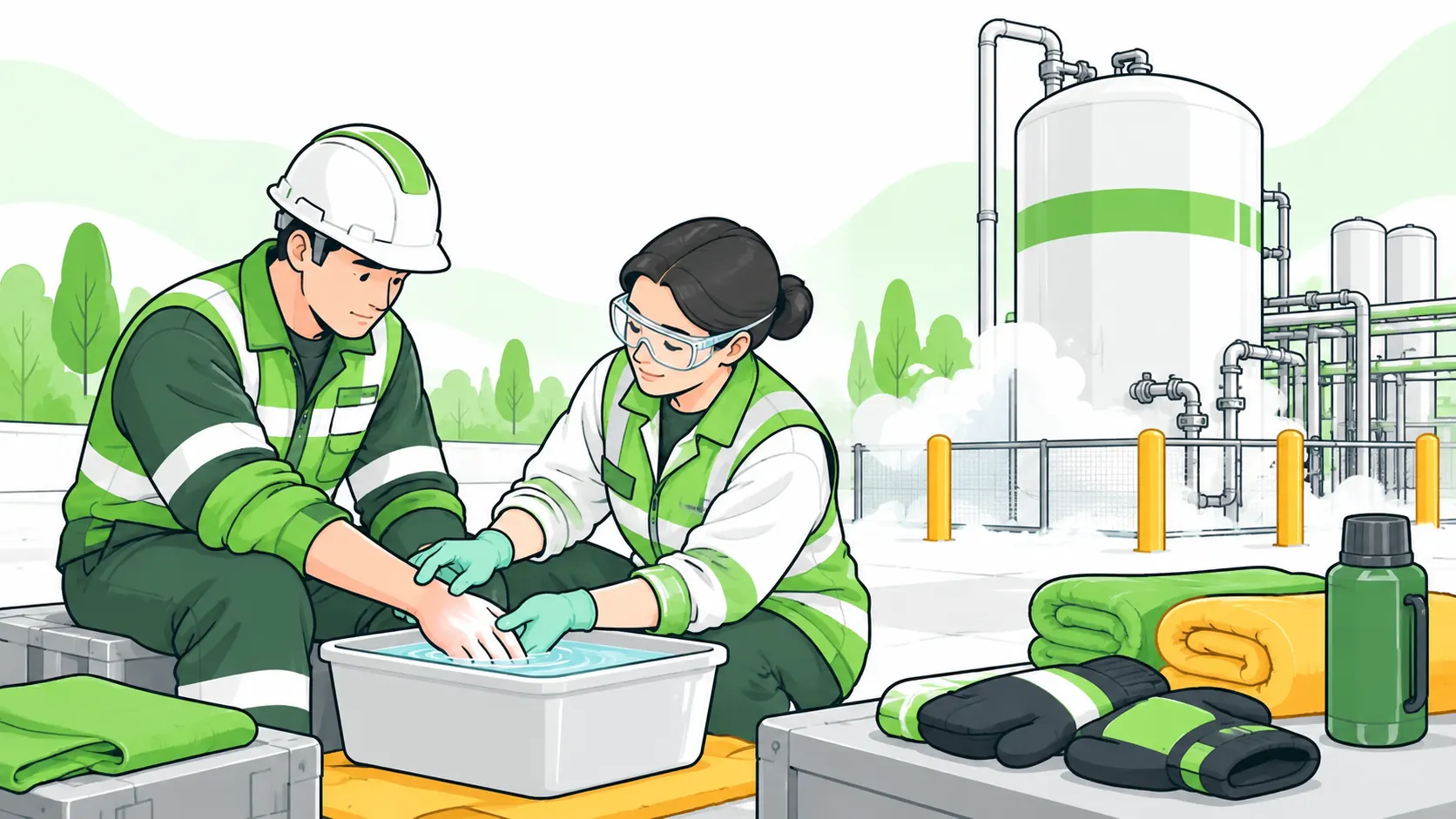 First aid responder assists a worker with a cold-exposed hand in a water basin away from the cryogenic equipment.