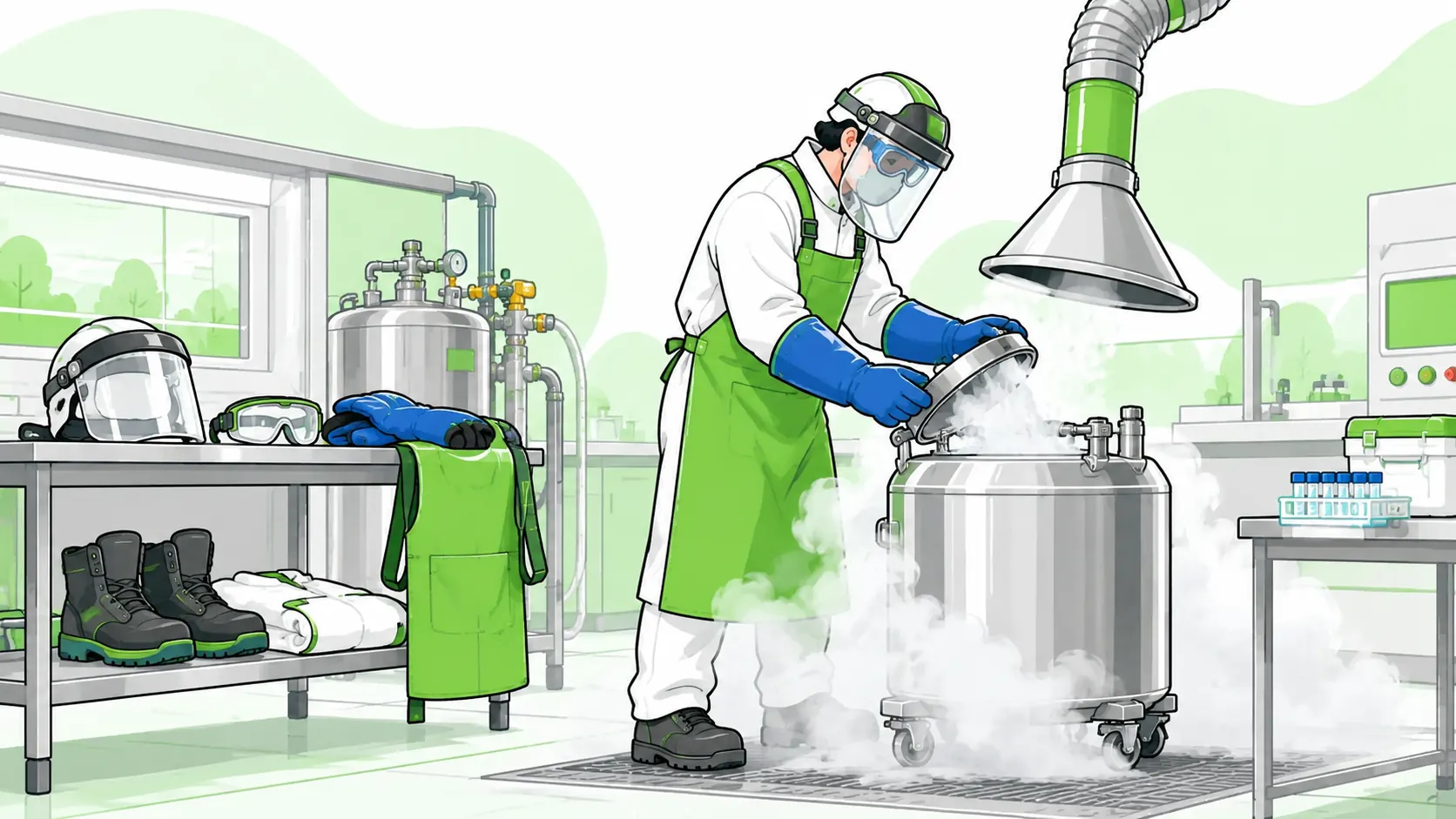 Cryogenic technician wears insulated gloves, face shield, eye protection and an apron while handling a dewar under ventilation.