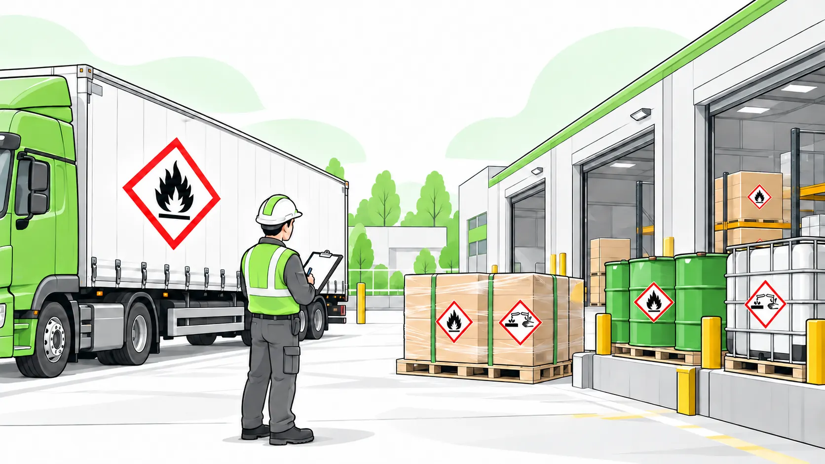 A logistics inspector checks hazard pictograms on a freight vehicle and secured packages in a dangerous-goods loading bay.