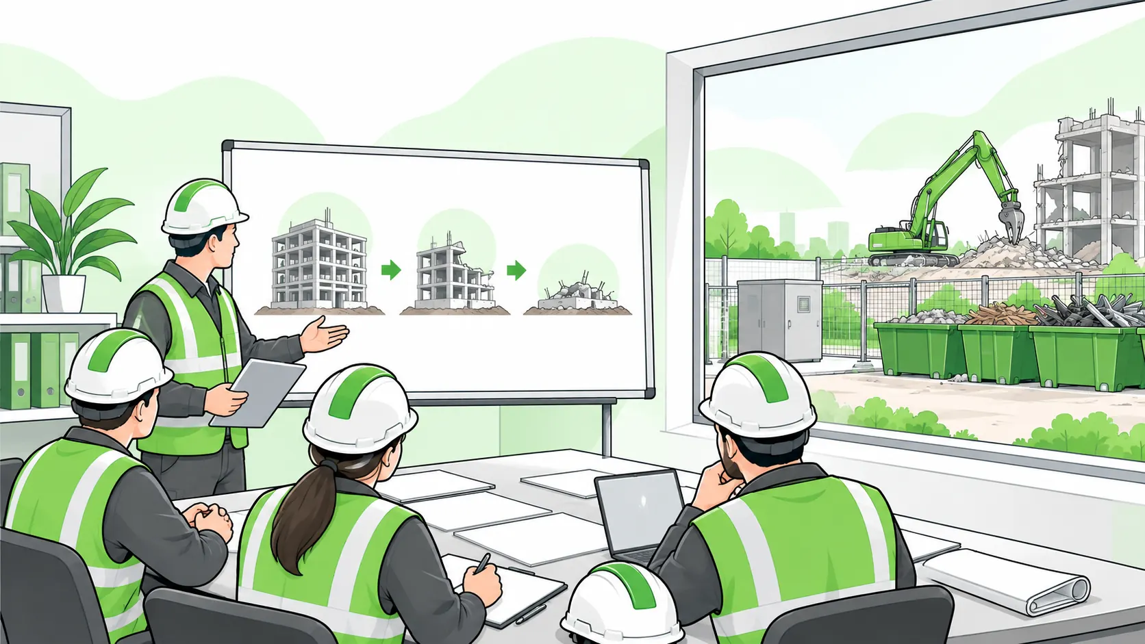 A supervisor briefs a demolition crew using pictorial dismantling stages and site-specific plans before work begins.