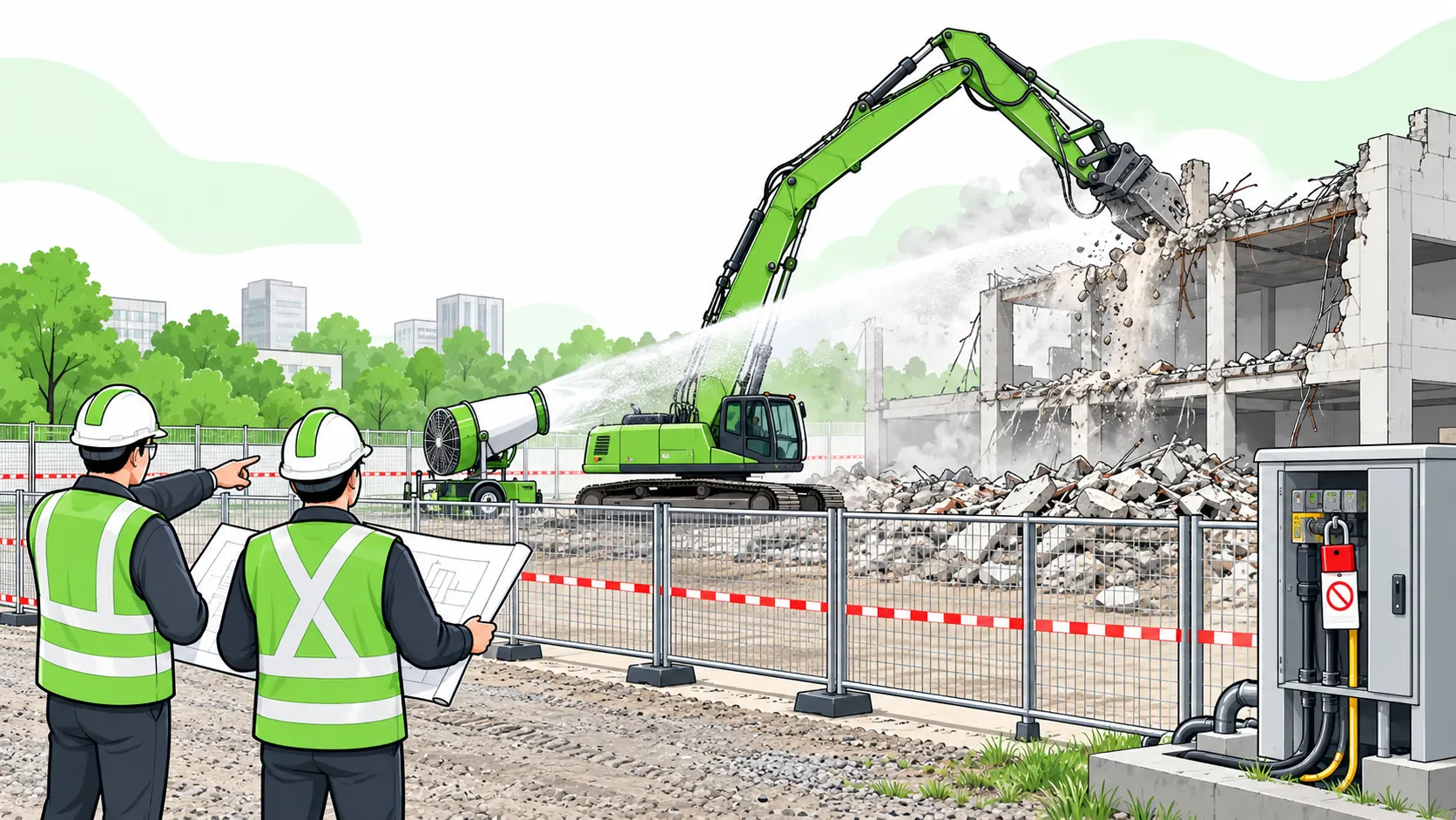 A long-reach excavator carries out controlled demolition with water-mist dust suppression inside a fenced exclusion zone while supervisors review plans outside.