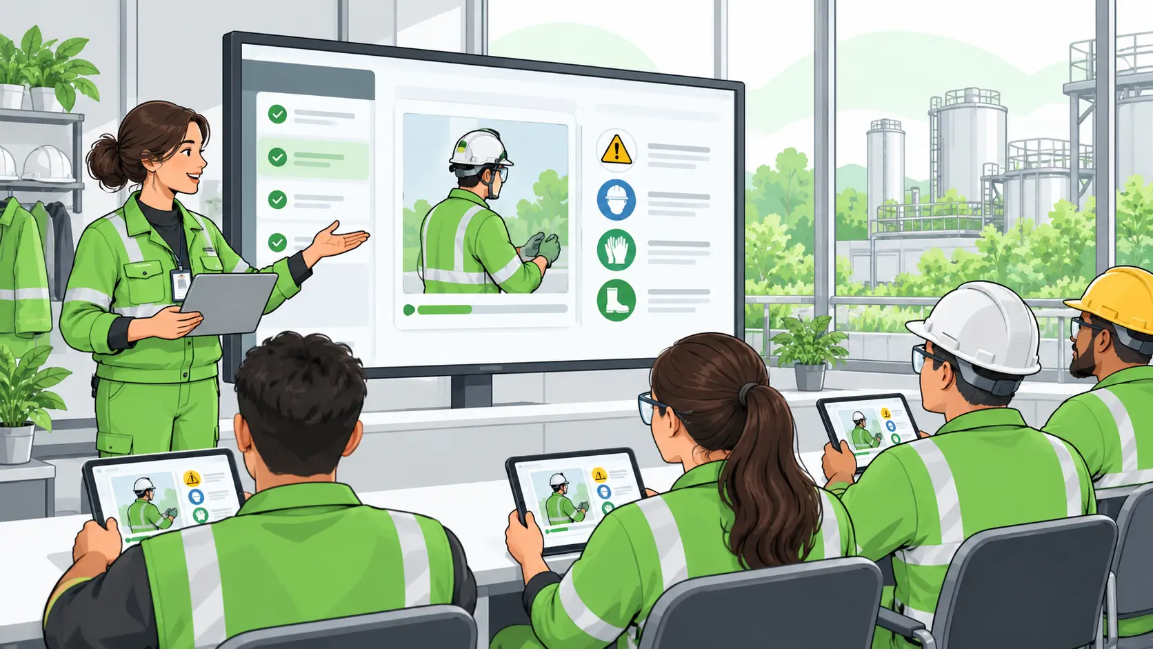Safety trainer presenting a digital learning module on a large screen to workers in protective equipment at an industrial site.