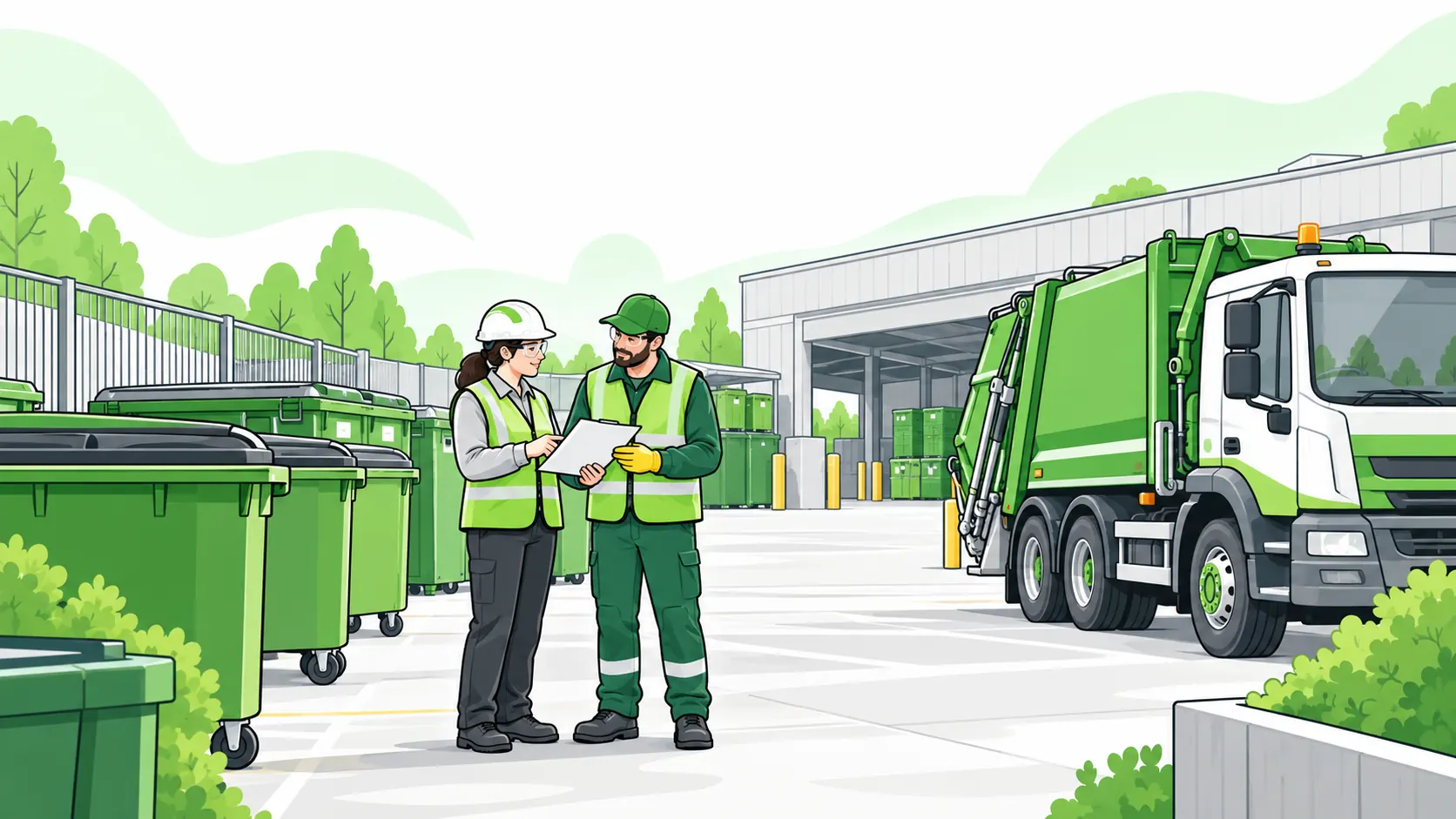 Supervisor and waste collection driver review a handover beside sealed waste bins and a collection truck.