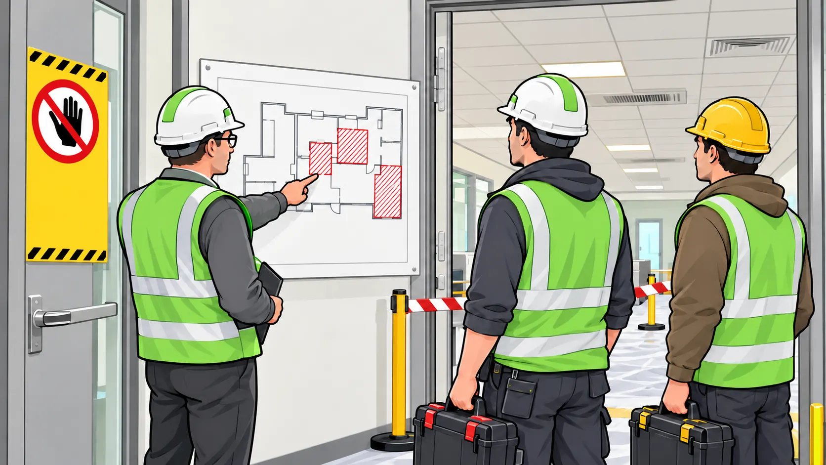 A building dutyholder briefs maintenance contractors about restricted areas before they enter an older building with closed tool cases.