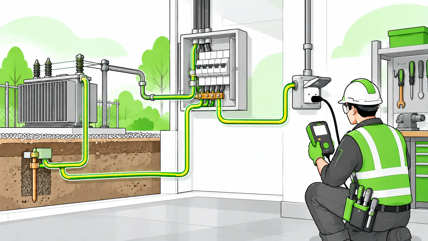 An electrician checks earth-fault loop impedance at a covered socket beside a conceptual view of the protective-earth return path.