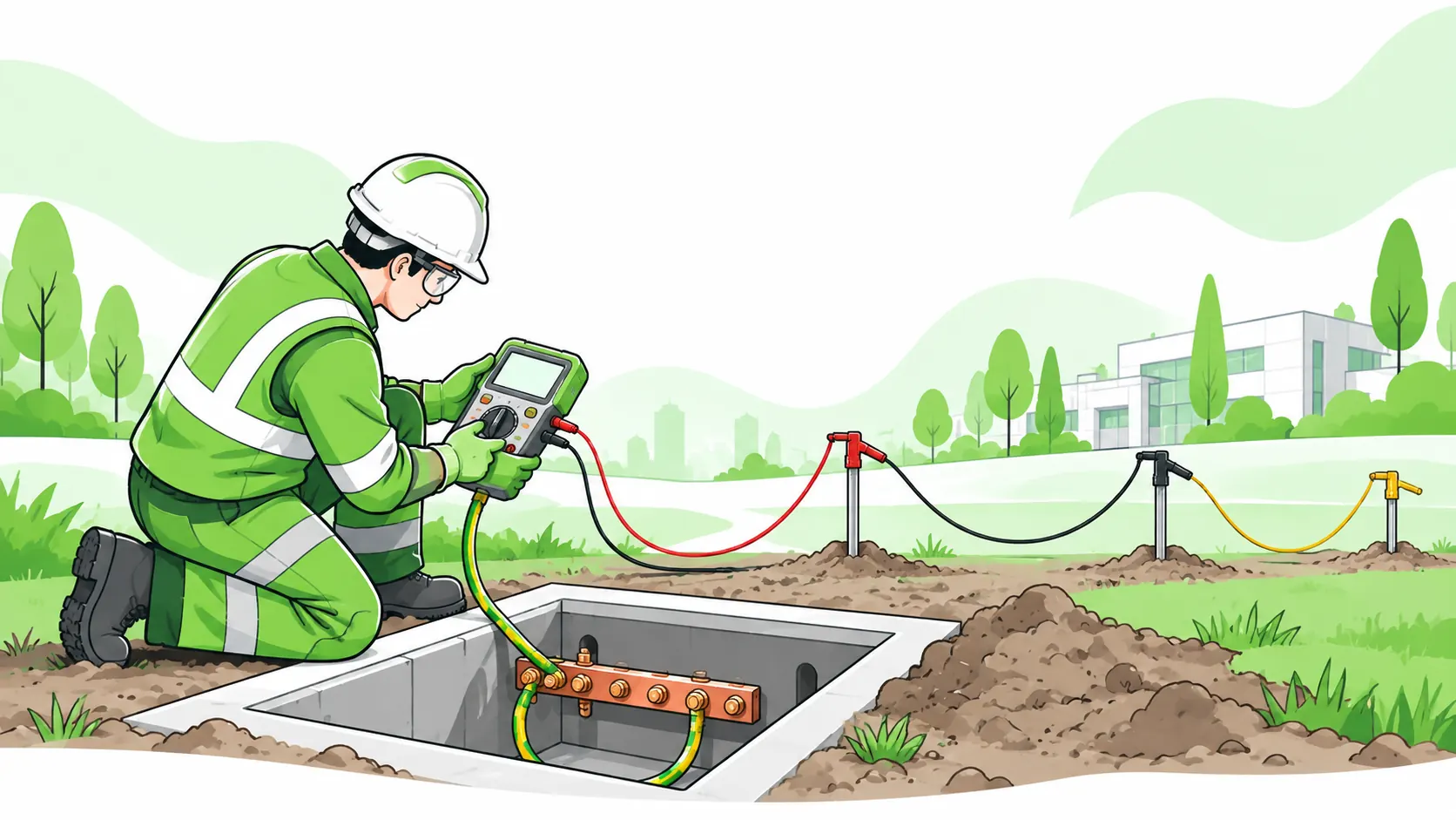Electrician checks a grounding test instrument beside a copper bonding connection and test probes positioned in soil.