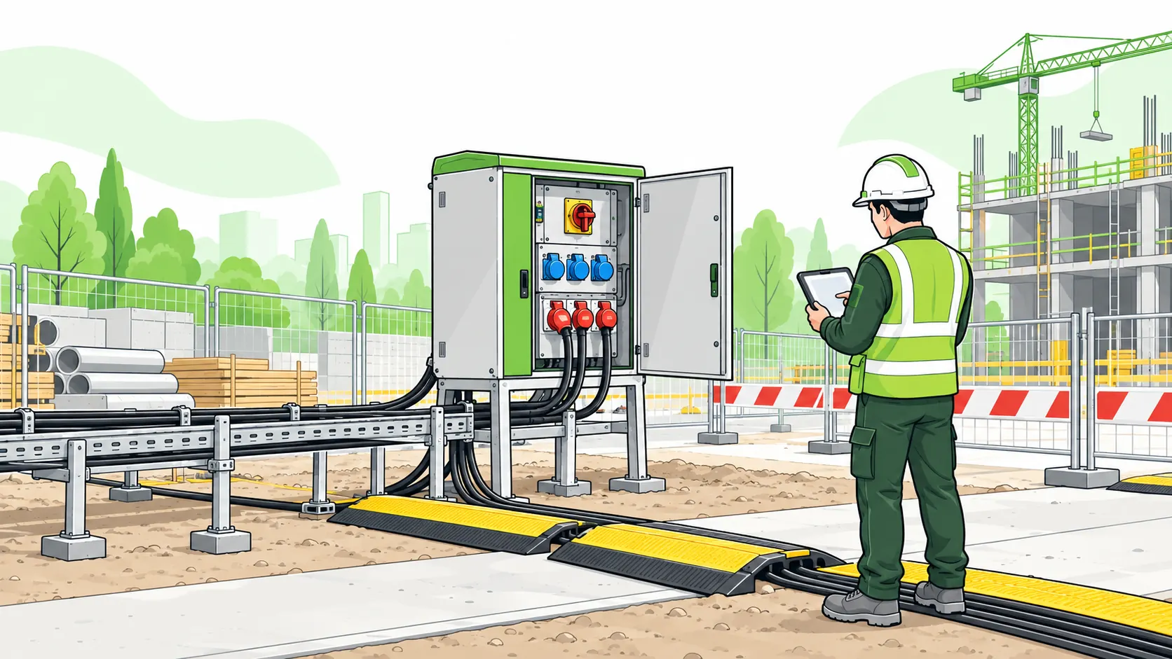 Electrician checks a construction-site temporary power cabinet with weatherproof sockets, elevated cables and protective cable ramps.