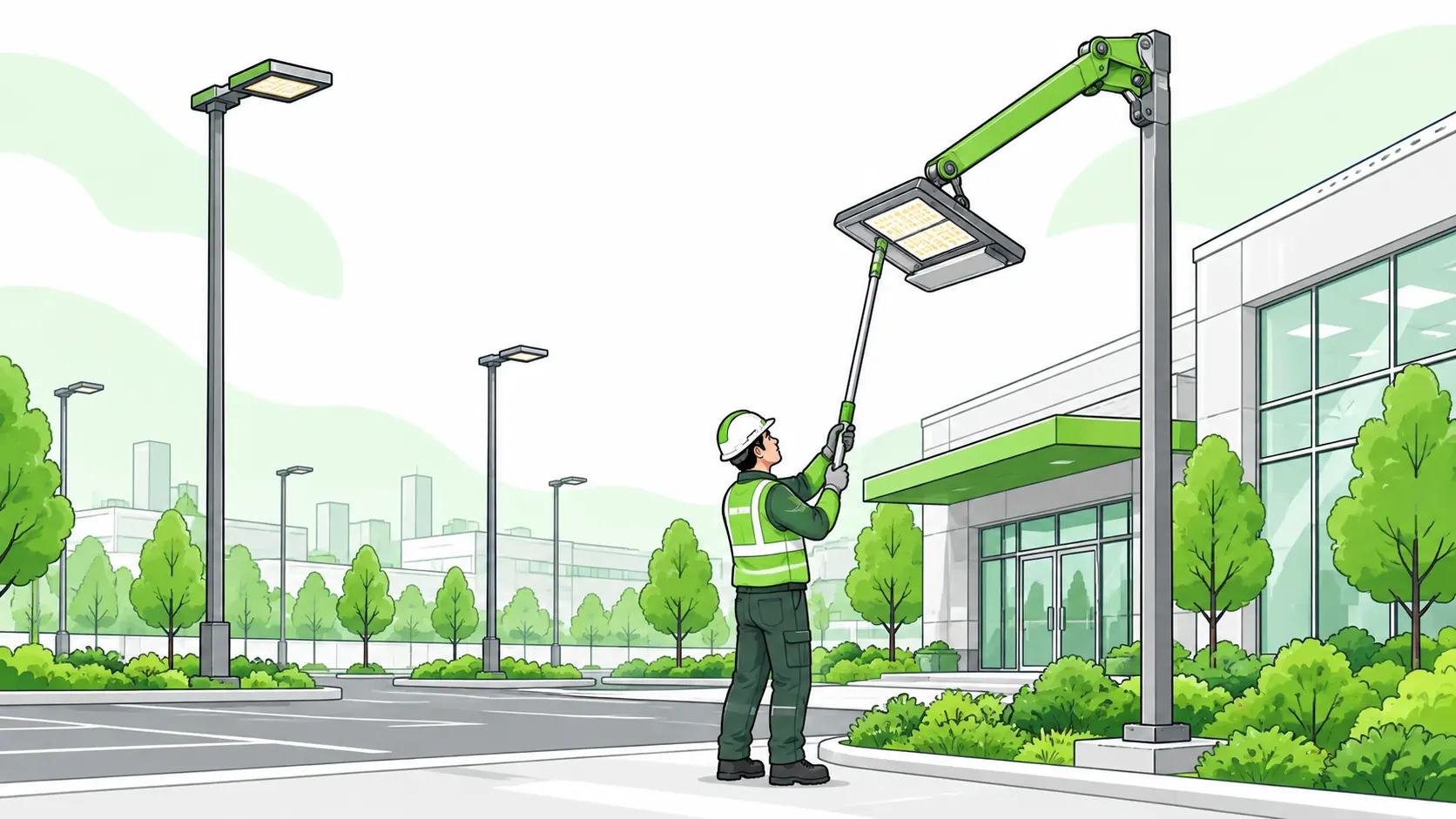 Worker services an overhead light from ground level using an extended tool, removing the need to climb to the fixture.