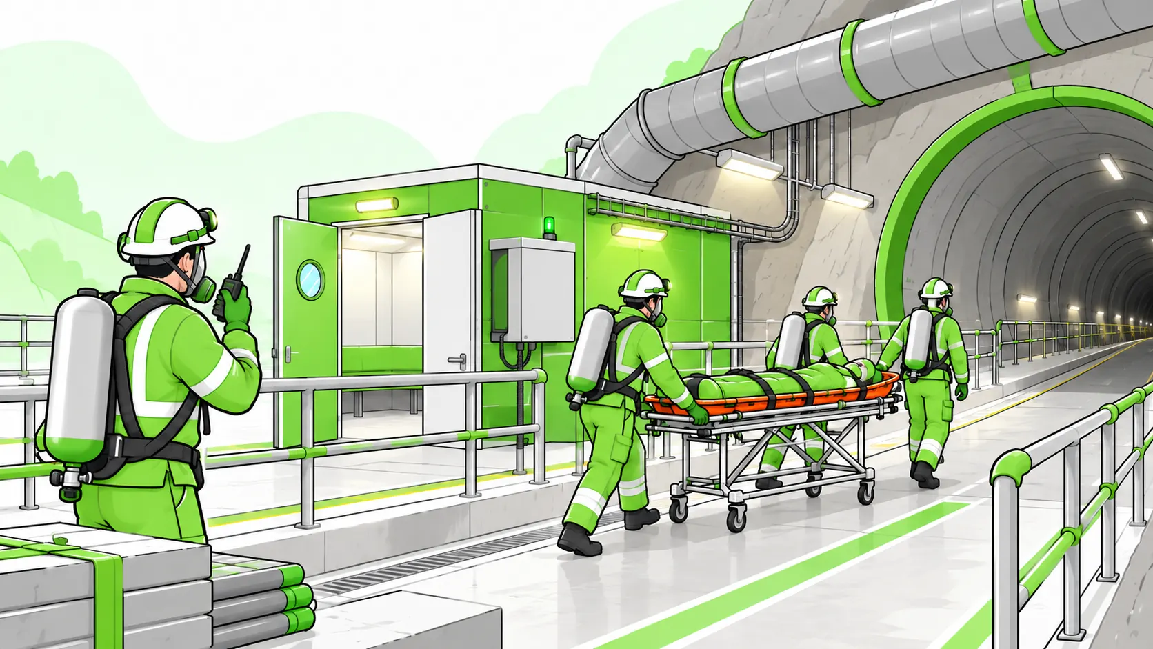 A trained tunnel rescue team moves a secured training stretcher along a clear route toward a refuge chamber during an emergency drill.