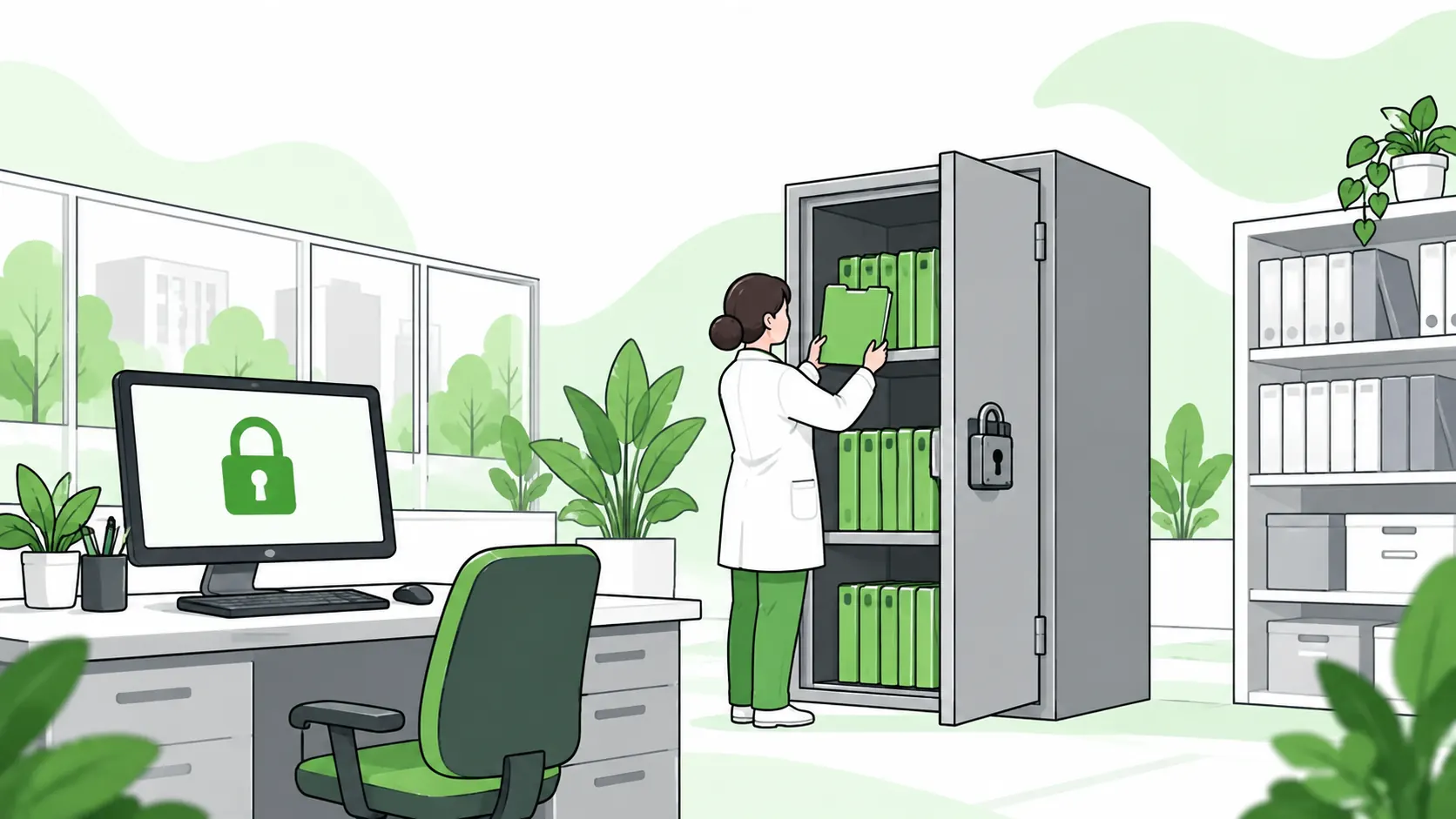 Occupational health professional secures a medical folder in a locked cabinet separate from personnel files, beside a computer with a padlock symbol.