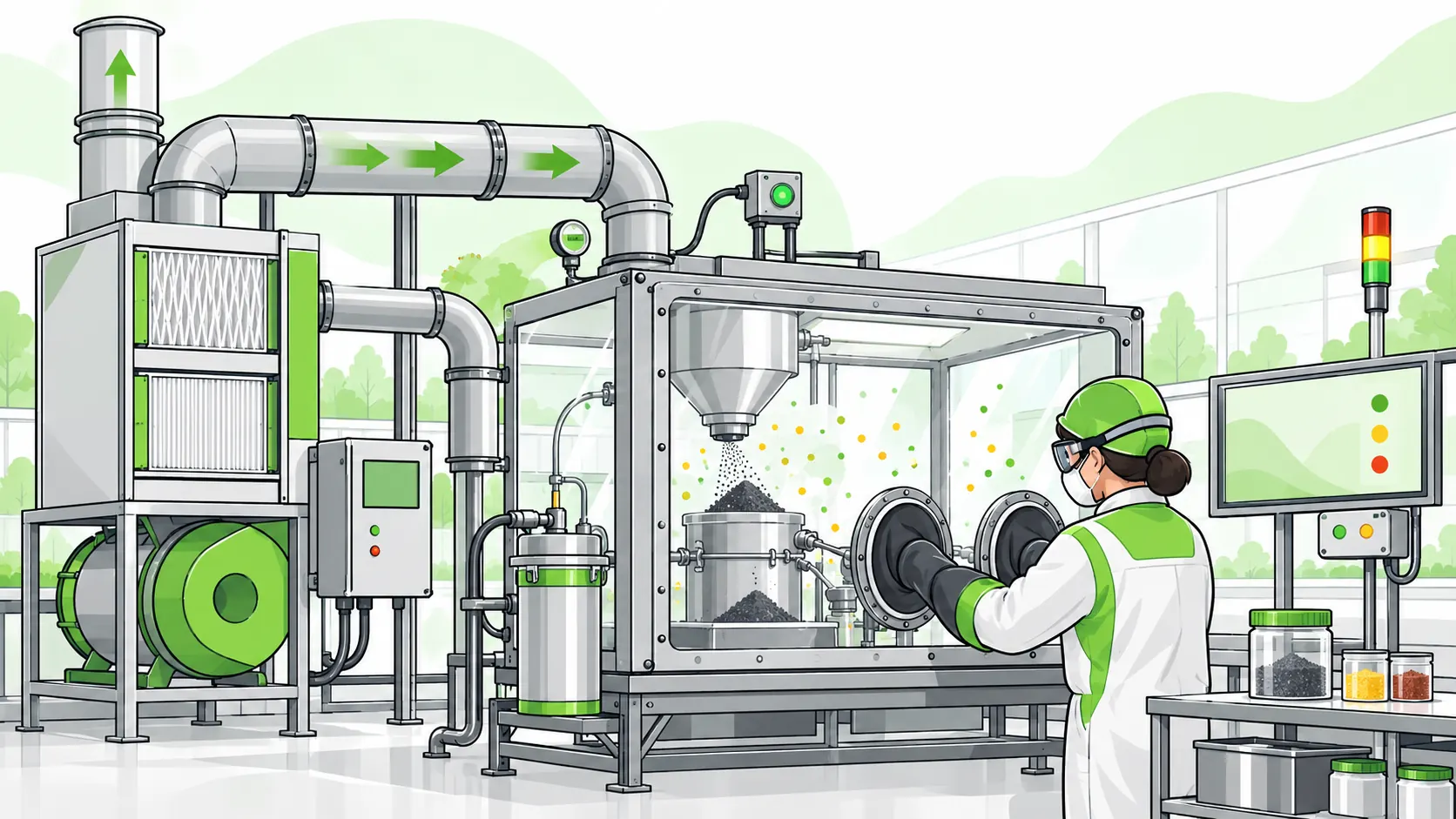 Worker handles nanomaterials through glove ports in an enclosed transfer system connected to extraction ducting, filtration and monitoring equipment.