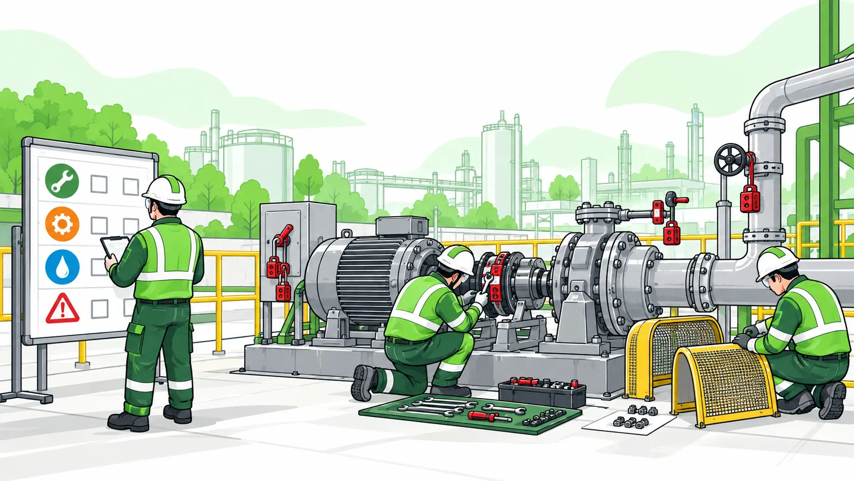 Technicians service isolated industrial equipment with lockout devices while a supervisor checks a pictorial maintenance schedule.