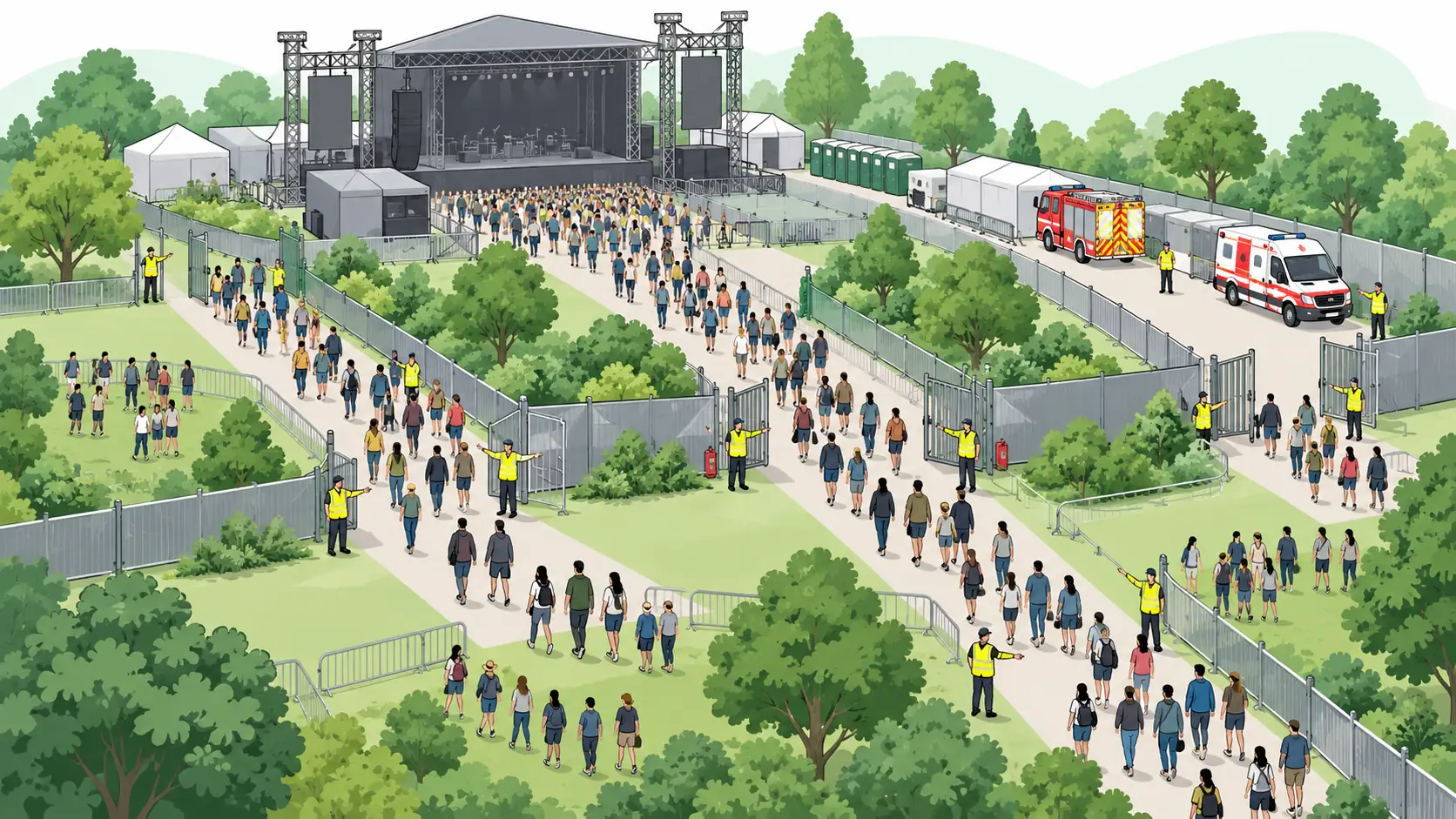 Event attendees move calmly through separated, clearly open evacuation routes as stewards direct them toward assembly areas; emergency vehicle access remains unobstructed.