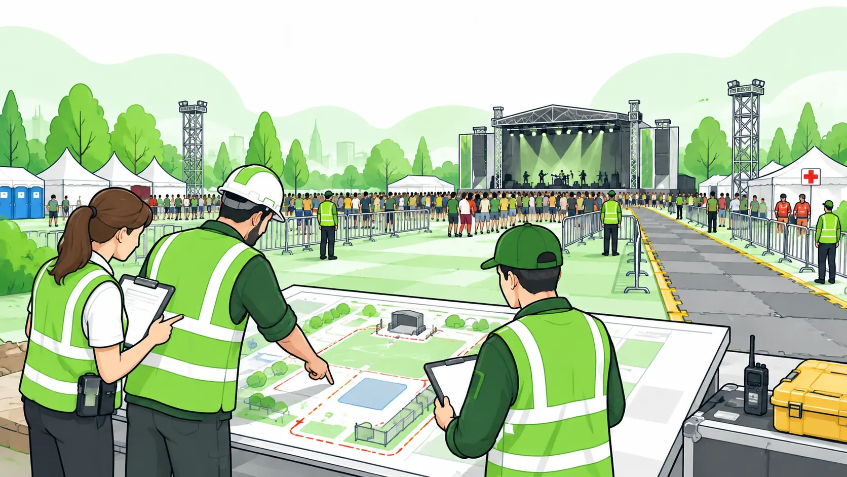 Event safety team reviews a venue layout overlooking managed crowd barriers, an emergency access lane and a first aid tent.