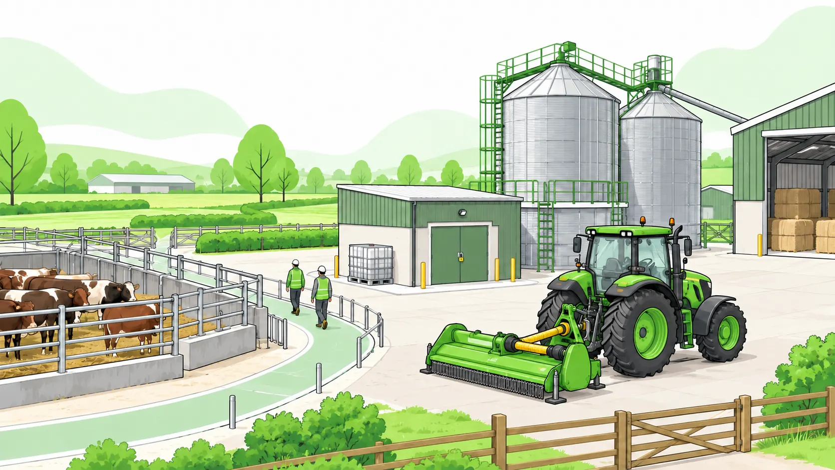 Farmyard shows a tractor with protective cab, guarded machinery, secured silo and chemical storage, fenced cattle and separated pedestrian access.