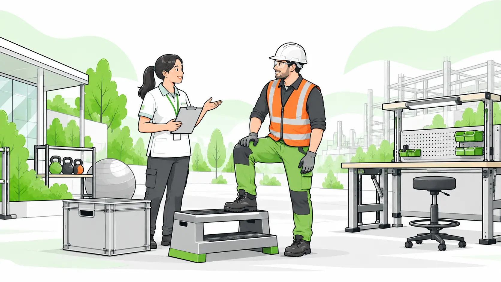 An occupational health professional reviews task demands and practical workplace adjustments with an industrial worker during a fitness assessment.