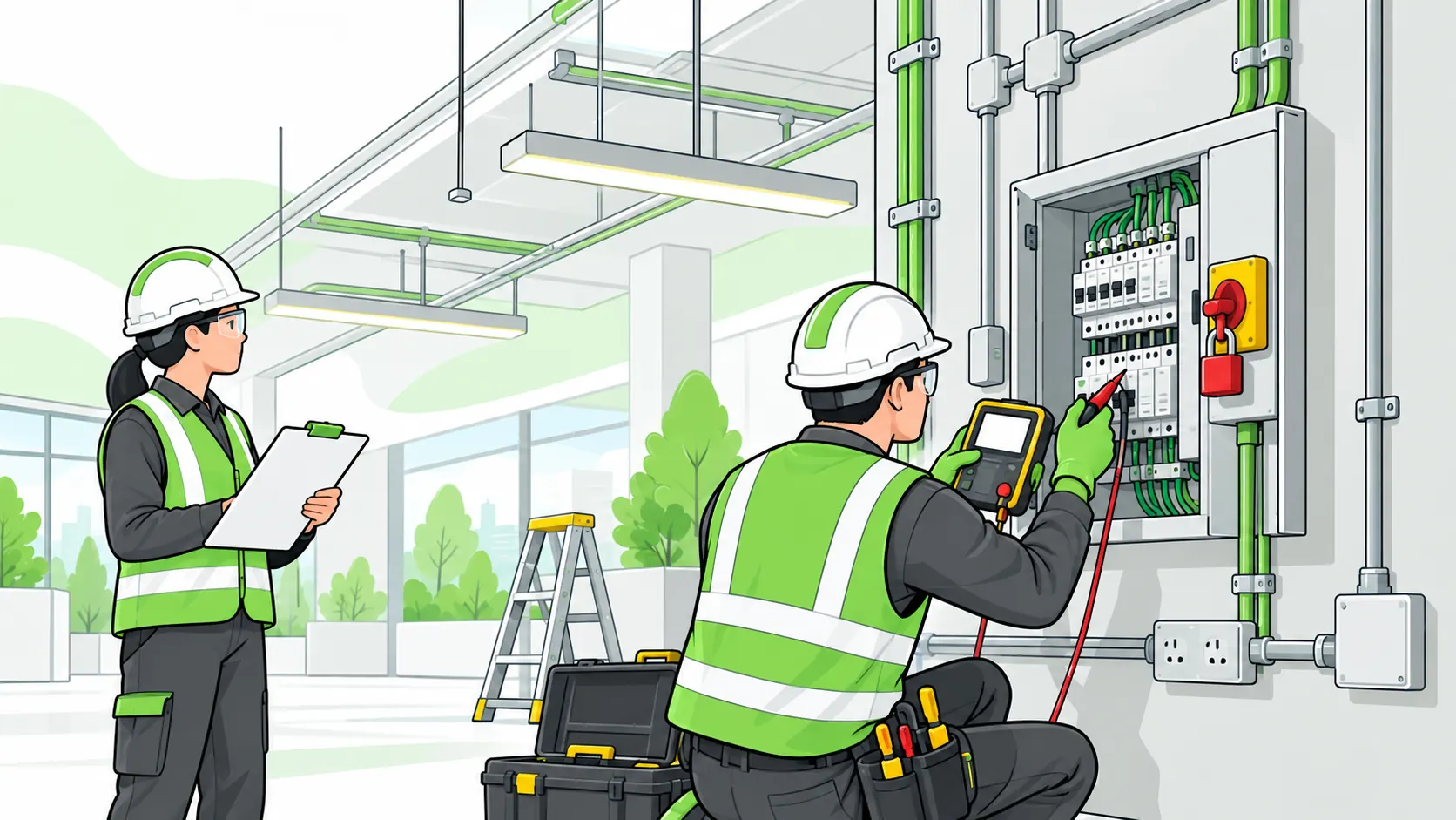 Electricians inspect and test an isolated building distribution board with a locked isolator, portable tester and blank inspection report.