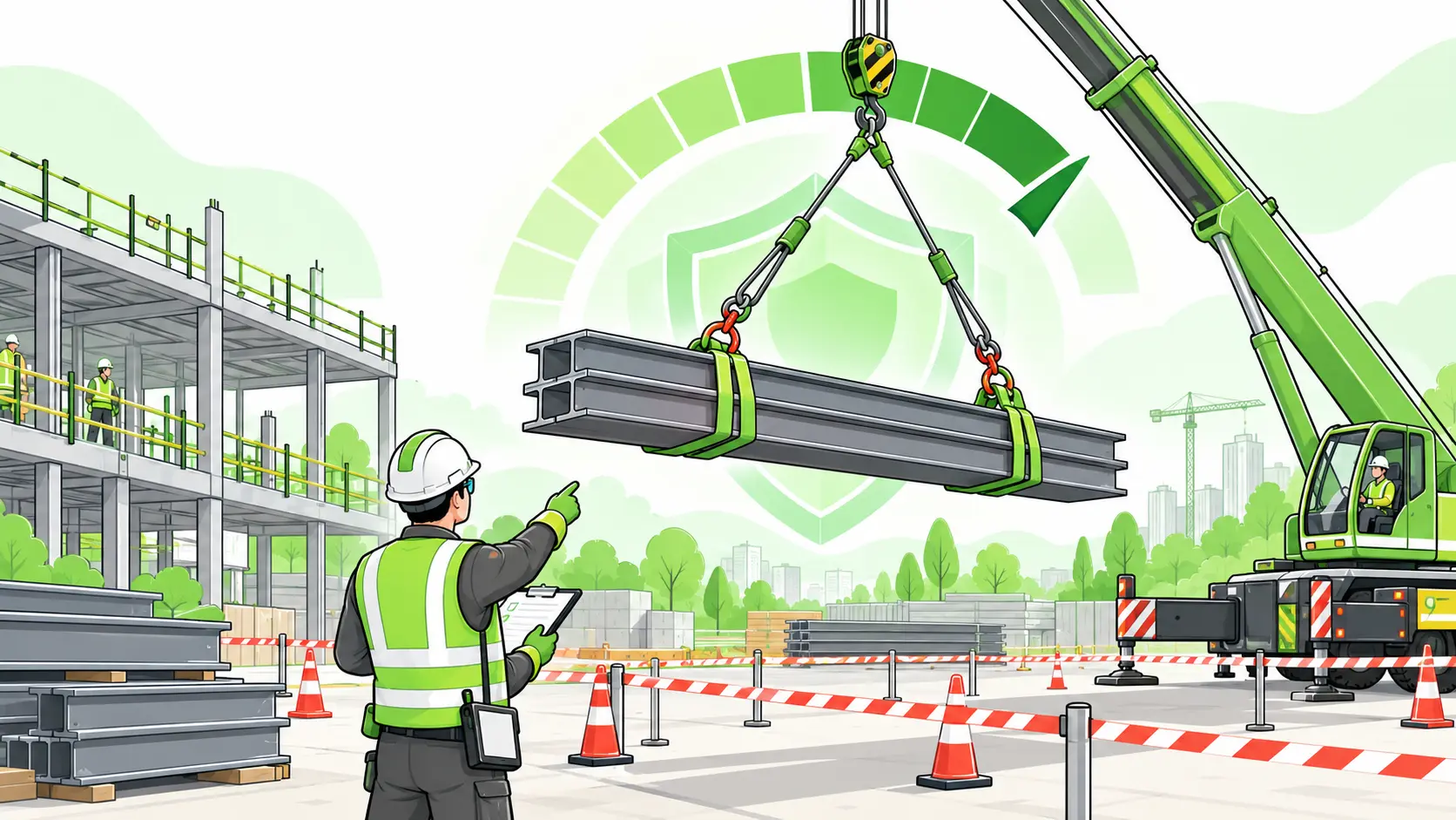 An inspector checks slings and rigging angle as a crane lifts a secured steel load within a clear exclusion zone.
