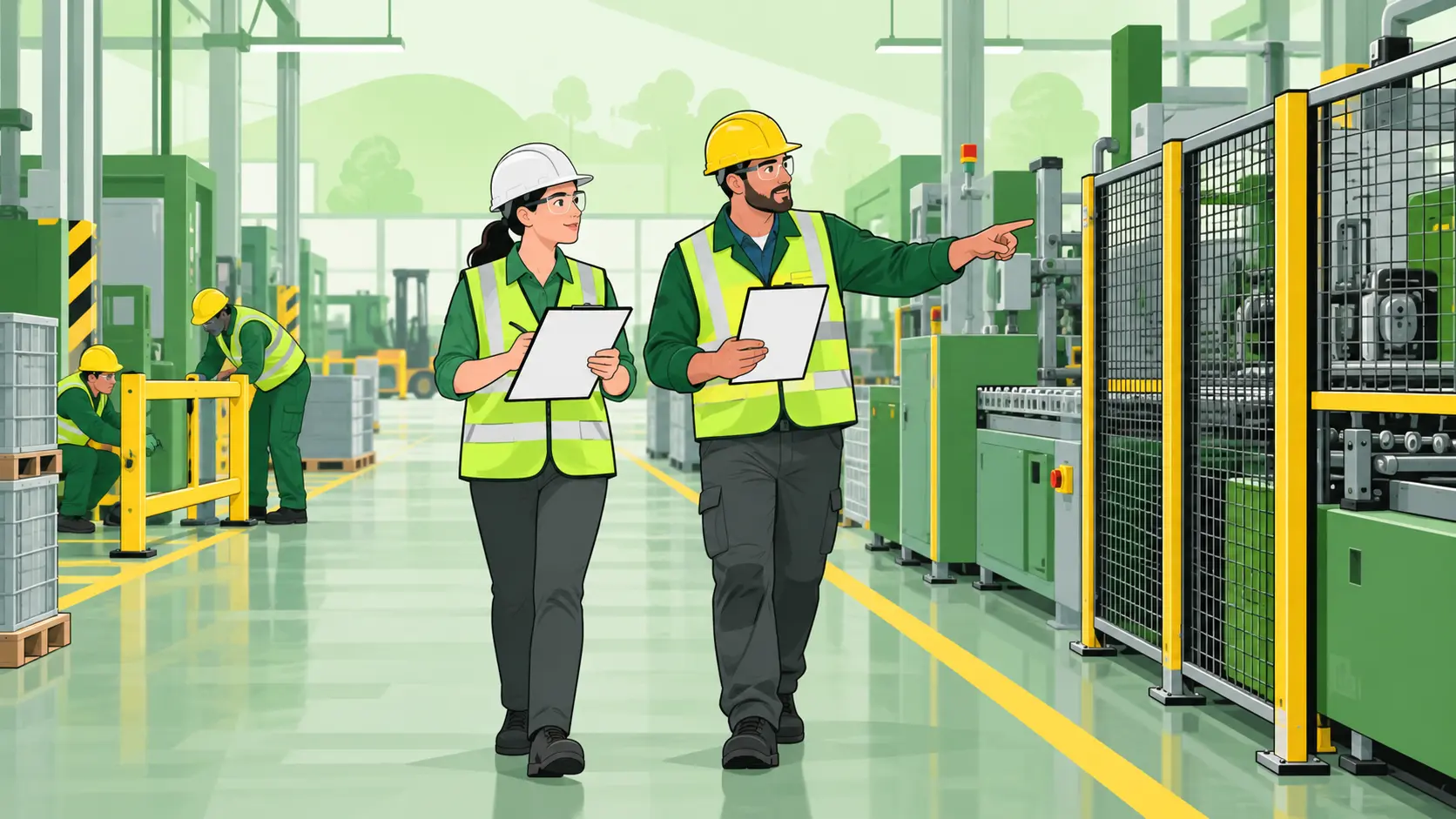 A labour inspector and site manager review machine guarding and workplace controls while workers correct a minor barrier issue.