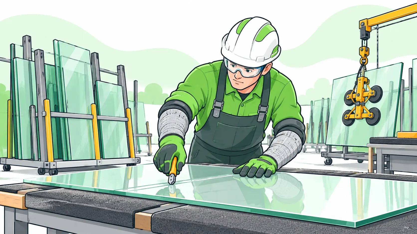 Glassworker wearing goggles, cut-resistant gloves and protective sleeves scores a supported glass pane beside storage racks and a suction lifter.