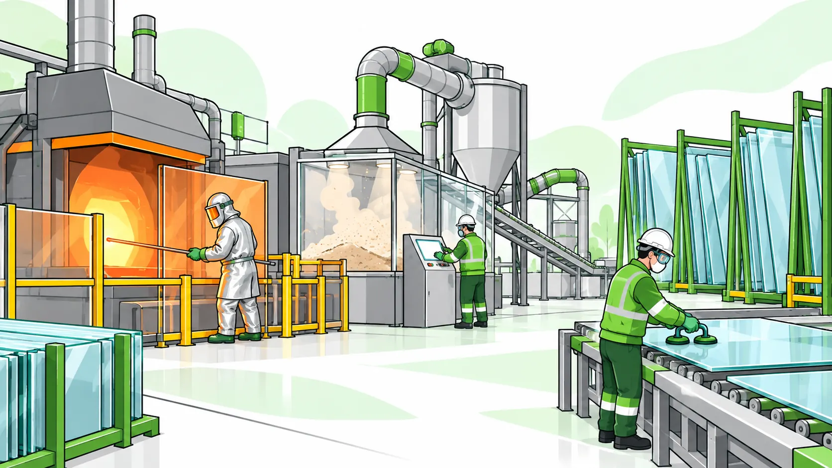 Glass manufacturing workers use a shielded furnace, enclosed batch extraction and suction handling equipment for glass sheets.