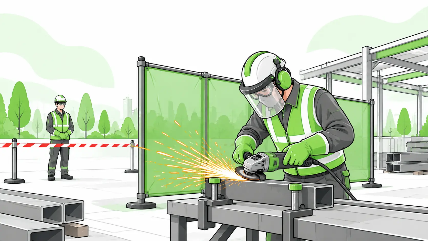 A protected worker uses a guarded angle grinder with both hands on a secured workpiece behind a spark screen and exclusion barrier.