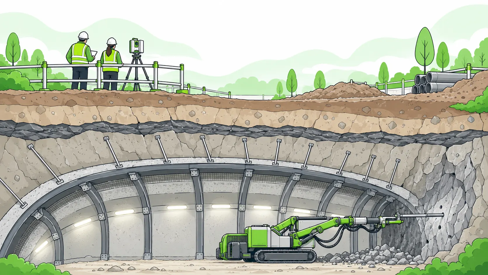 Engineers monitor a supported tunnel beneath layered ground with rock bolts, steel ribs and shotcrete protecting the excavation.