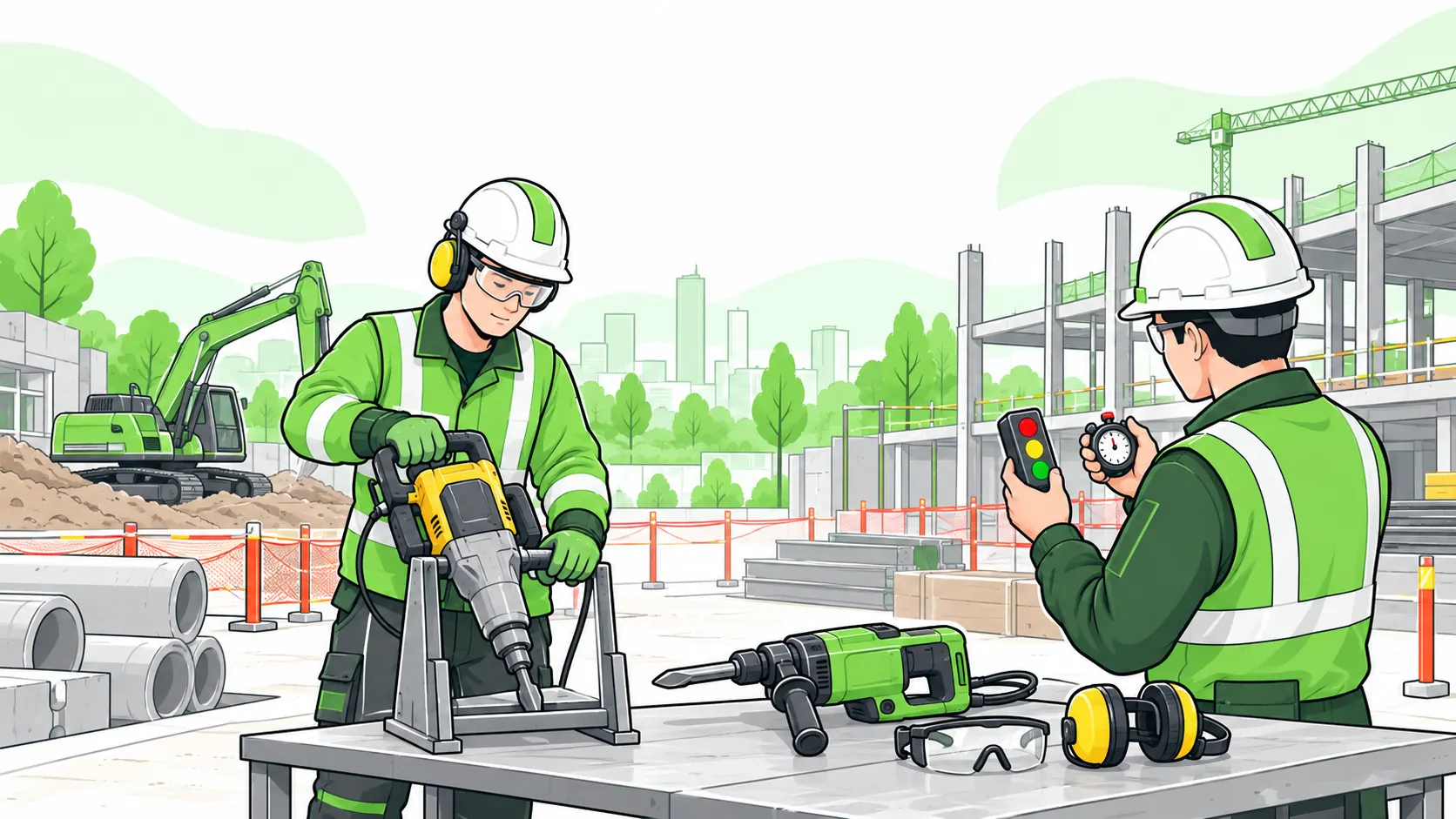 Worker sets an inactive vibrating tool aside while a supervisor checks exposure timing and a pictorial indicator.