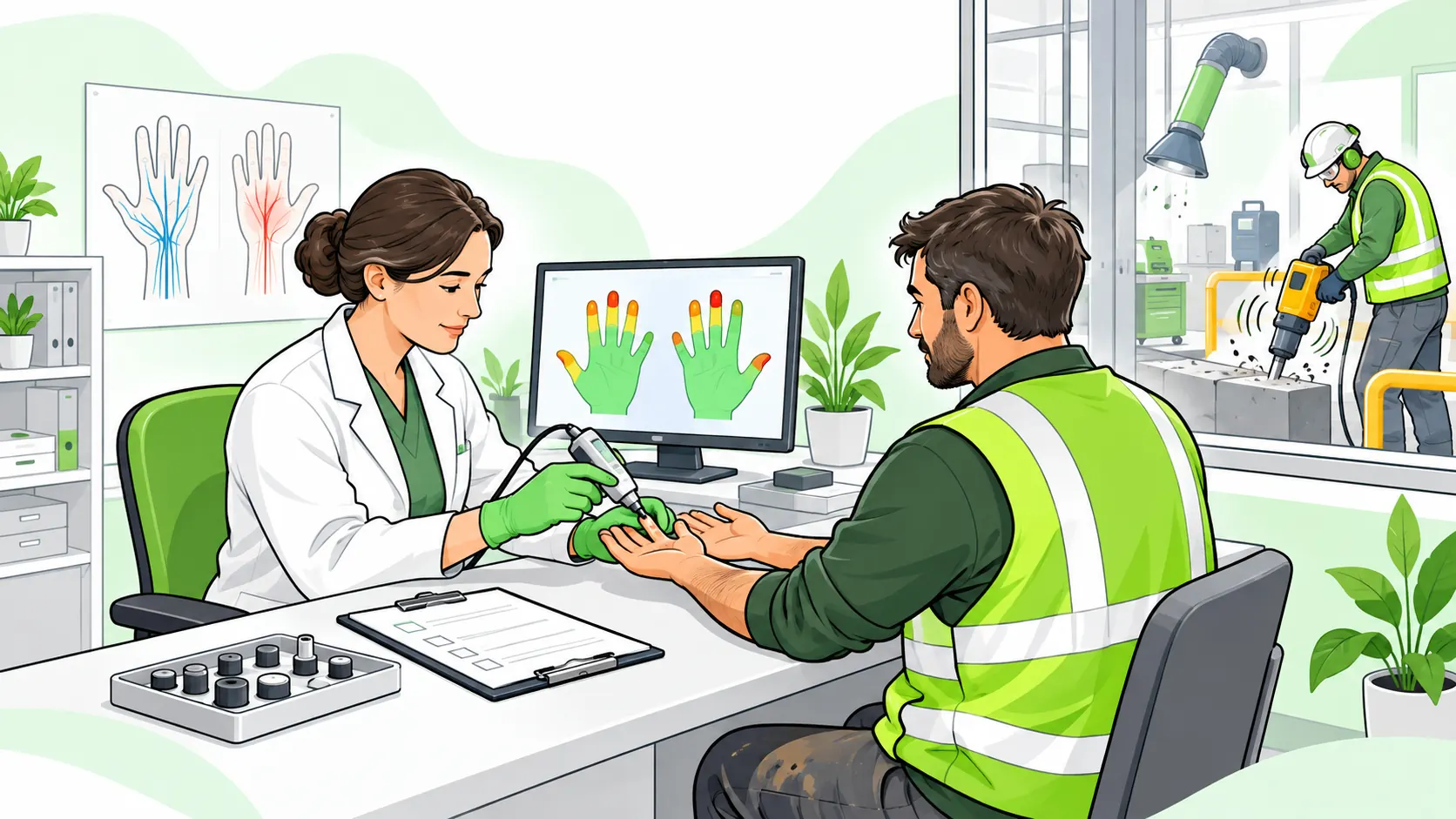 Occupational health professional assesses a worker's fingertips for vibration-related symptoms beside hand illustrations and screening equipment.