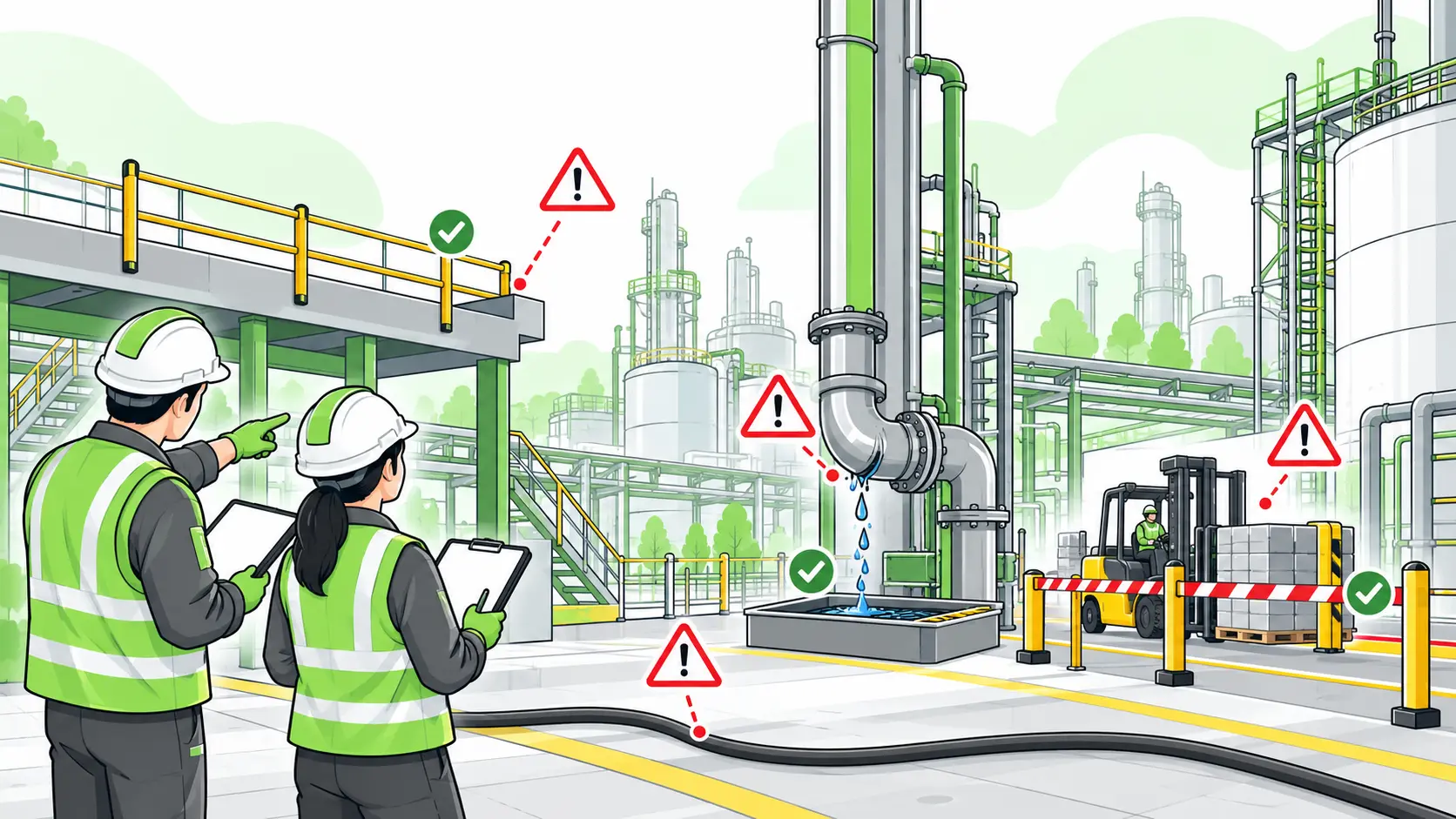 Safety professionals identify hazards in an industrial plant and point to guarding, containment and segregation controls.