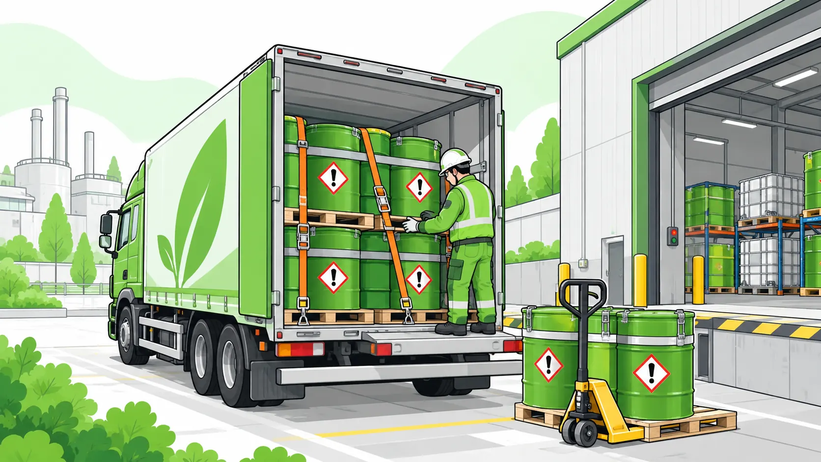 Worker checks straps securing sealed hazardous waste drums in a truck, with additional palletised drums ready for loading.