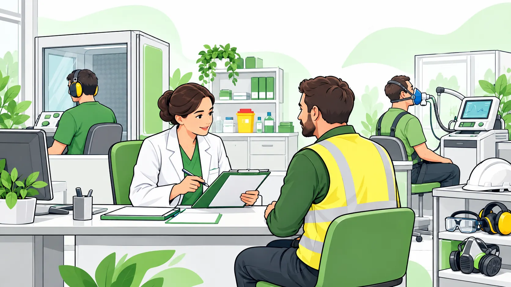 Occupational health professional consults a worker while hearing and respiratory assessments take place in the clinic.