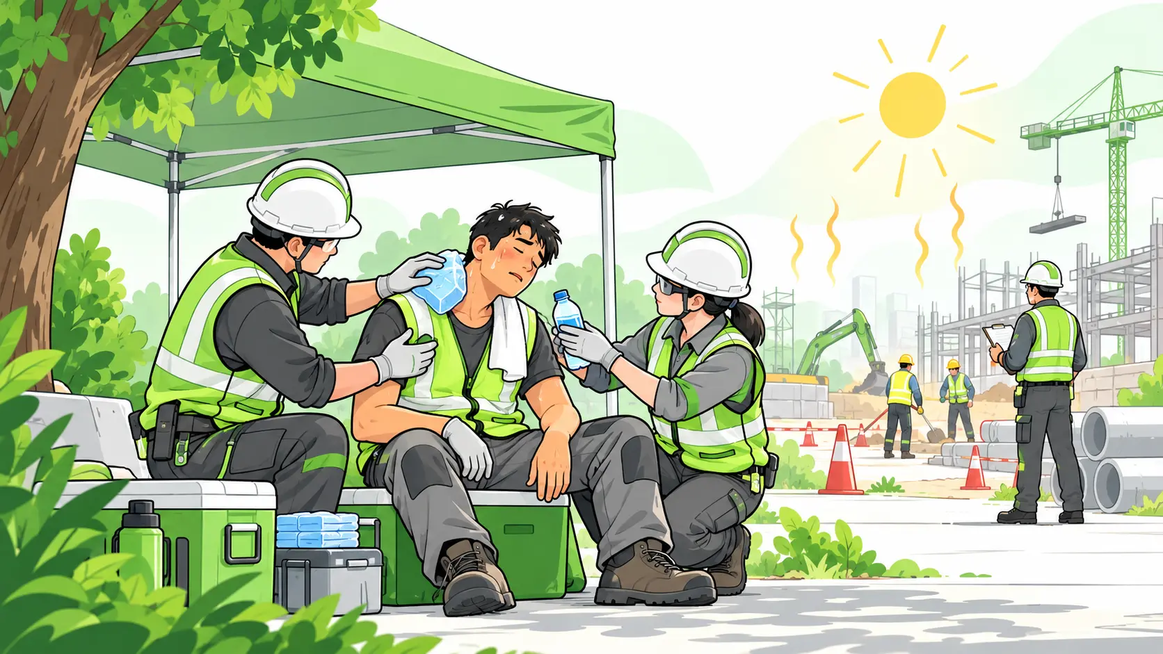 Coworkers cool an overheated construction worker with shade, drinking water and cold packs during field first aid.