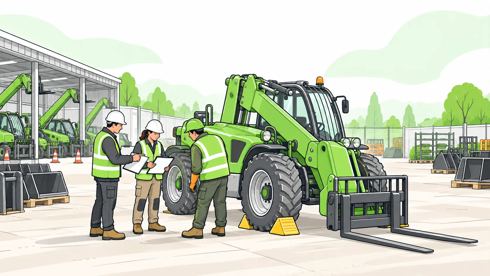 Hire supplier, site supervisor and operator inspect a parked telehandler and review blank handover documents at an equipment depot.