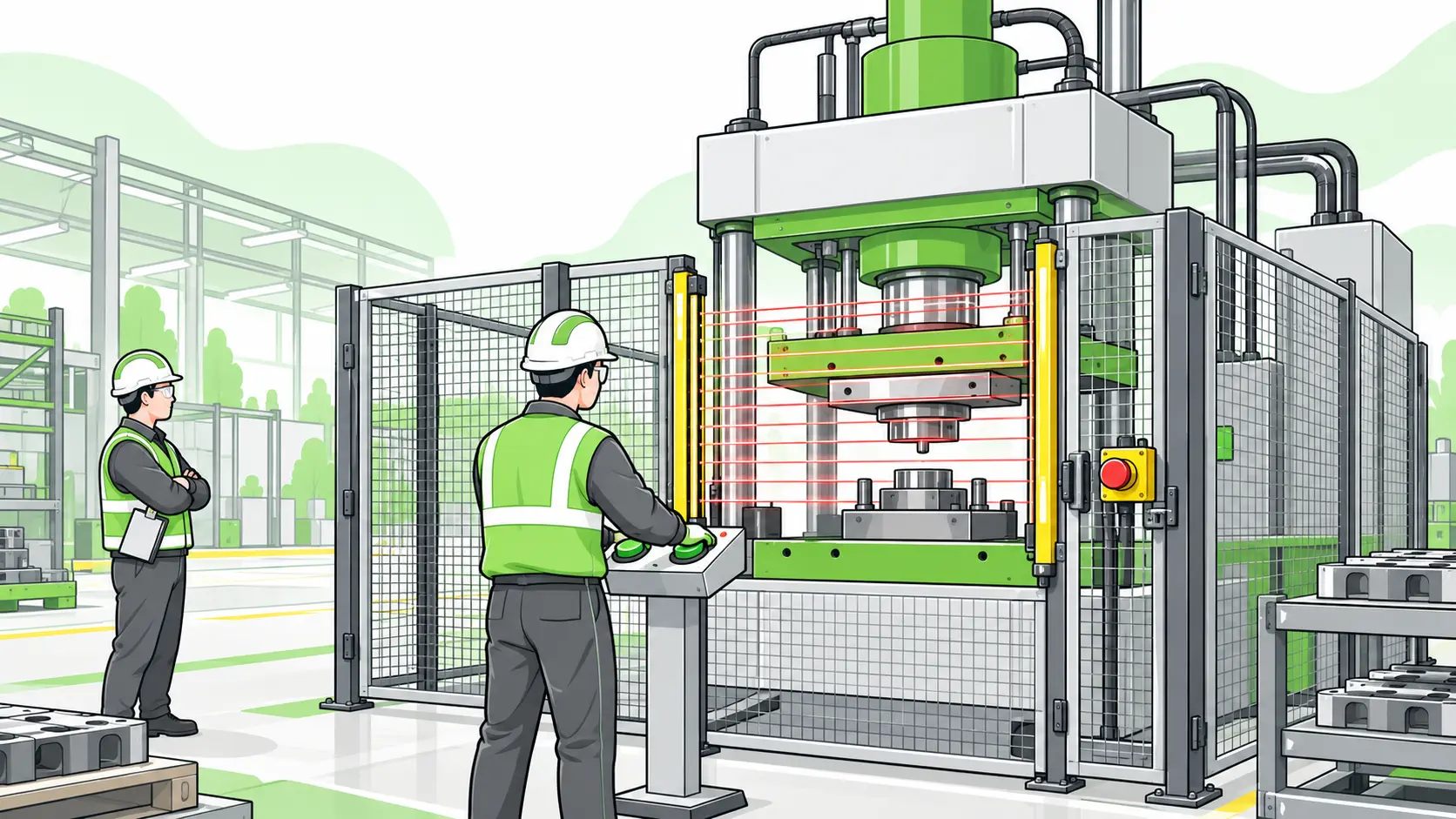 An operator uses a guarded hydraulic press from outside an interlocked barrier with hands clear of the die zone.