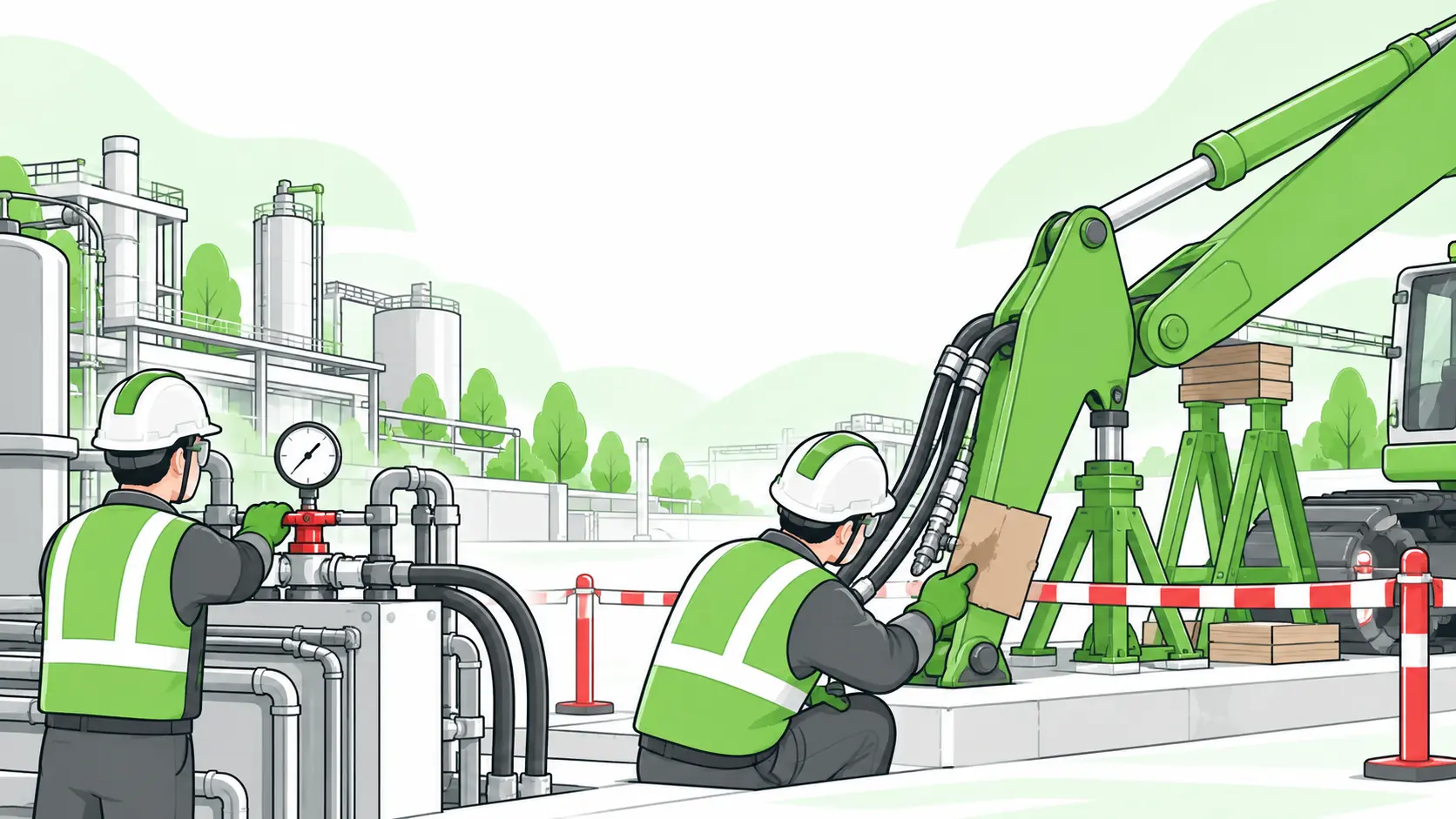Technicians isolate and depressurize a hydraulic system, support a raised load and check a suspected hose leak without touching it.
