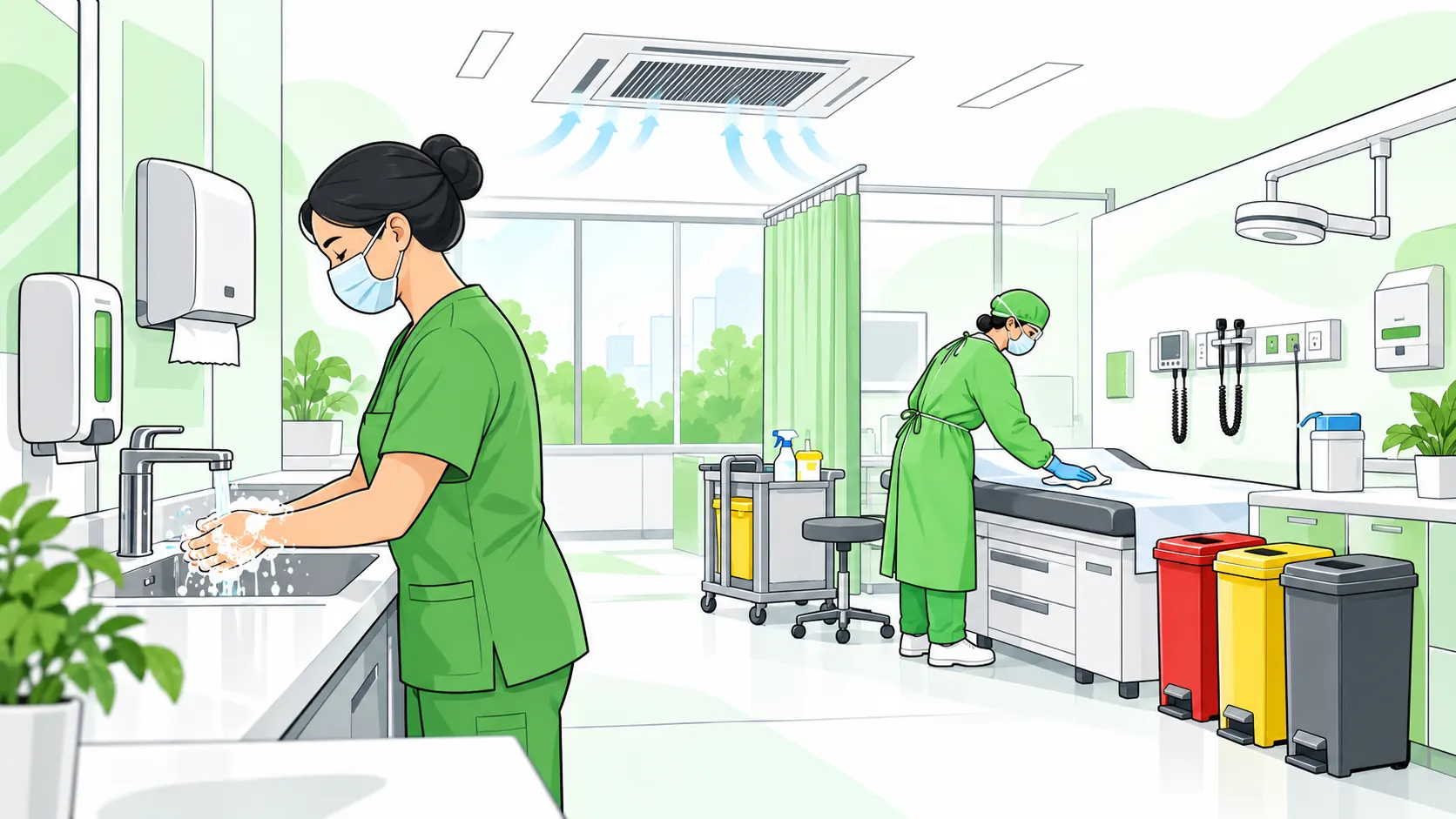 Healthcare workers wash hands and clean clinical surfaces while wearing suitable protective clothing.