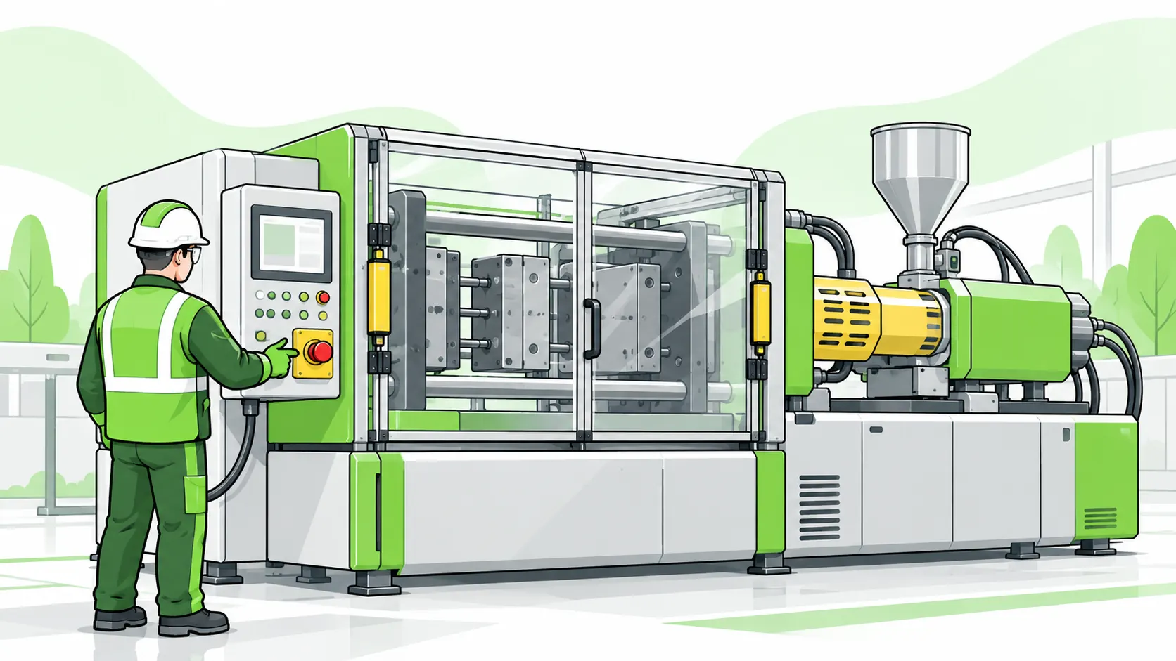 Operator stands outside an injection moulding machine with closed interlocked guards, a shielded heating unit and accessible emergency stop.
