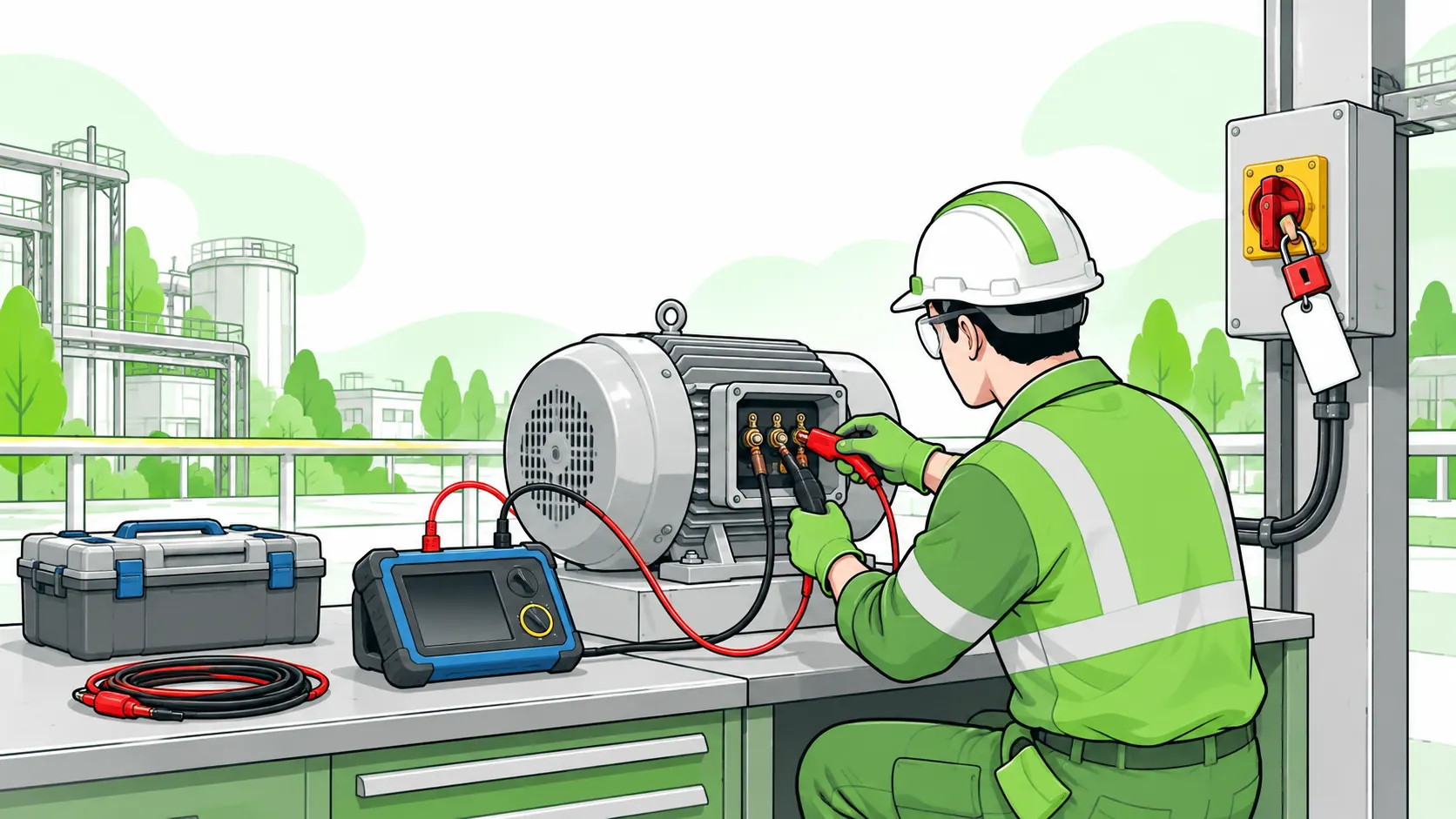 Technician uses an insulation resistance tester on an isolated electric motor beside a locked electrical disconnect.