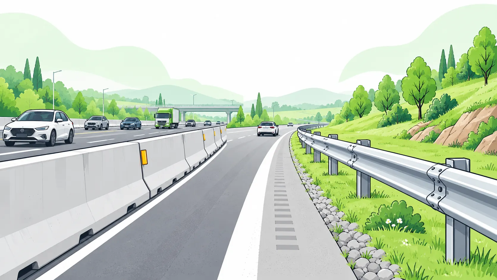Motorway illustration compares concrete Jersey barriers separating traffic with a steel guardrail along the roadside.
