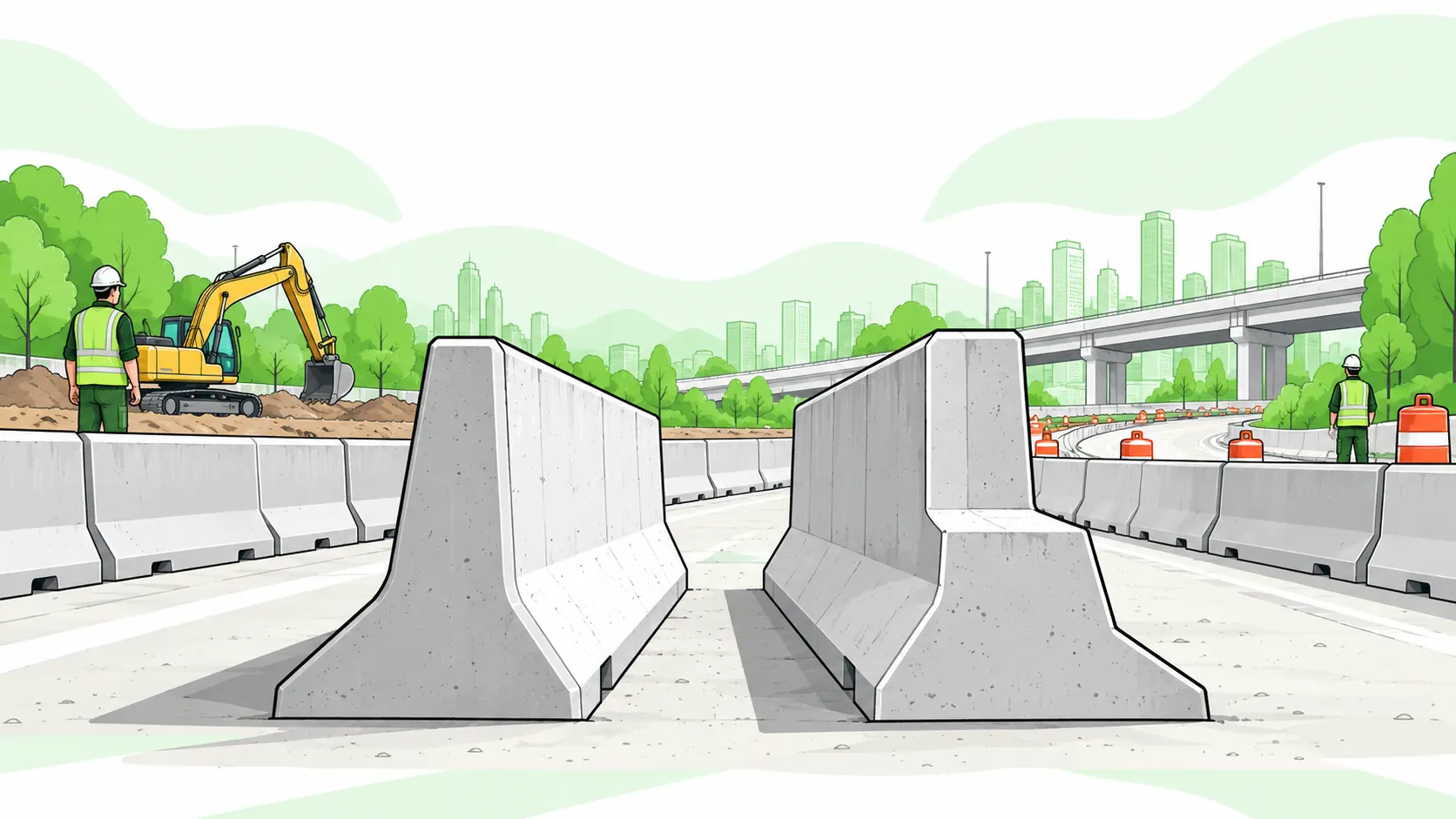 Concrete road barriers show two similar safety profiles with different slope-break heights beside a work zone.