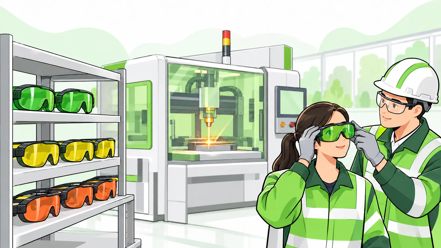 Supervisor checks a technician's laser protective eyewear fit beside a rack of specialist goggles and an enclosed laser machine.
